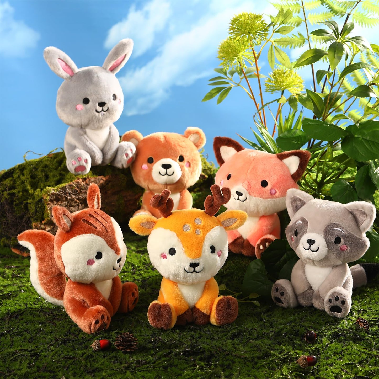 RoundFunny 6 Pcs Woodland Animals Plush Toys 7 Inch Bear Rabbit Squirrel Deer Raccoon and Fox Stuffed Animals for Birthday Gifts Baby Showers Party Decor