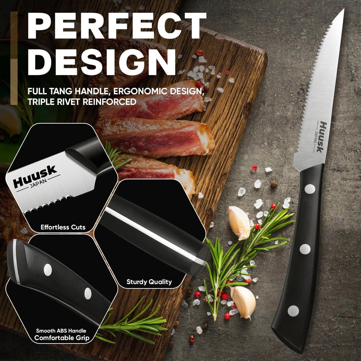 Huusk Steak Knives Set of 6 with Block, Sharp Serrated Steak Knives with Full Tang Handle, Japanese Stainless Steel Stake Knife Set with Drawer Organizer for Kitchen Dinner Table, Gifts for Men Women
