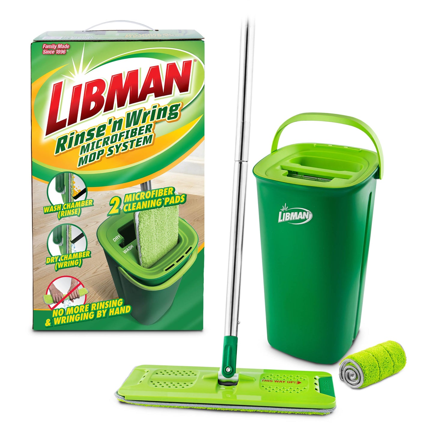 Libman Rinse 'n Wring Mop and Bucket System, Microfiber Dry Wet Mop for Floor Cleaning, Hardwood, Laminate, Tile Cleaner, Dual Chamber Bucket Design, 2 Total Refill Replacement Head Pads