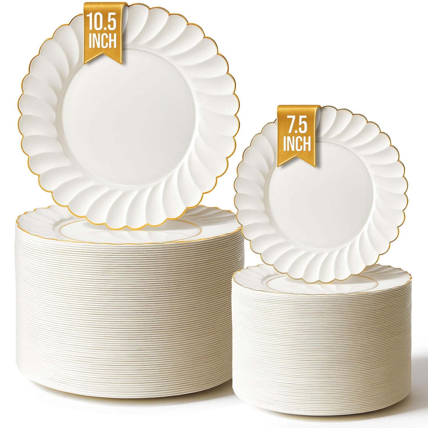 Stock Your Home 100 Pack – Elegant Ivory & Gold Scalloped Plastic Plates – Heavy-Duty Disposable Cream Plates with Gold Rim for Thanksgiving, Holidays, Dinners & Parties