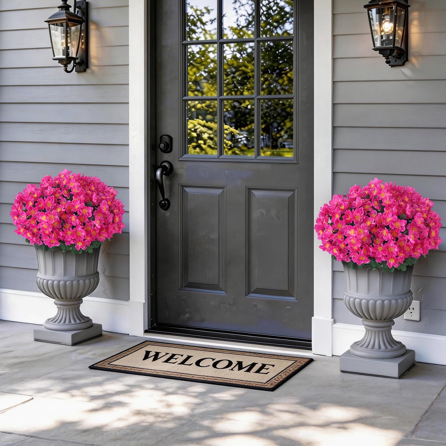 Juxdp 2 Sets of Artificial Camellia Topiary Ball Trees - Fake Flower Potted Plants, UV Resistant Faux Camellia Potted Bushes for Front Door, Farmhouse, Porch, Garden, Outdoor Decoration (Rose Red)
