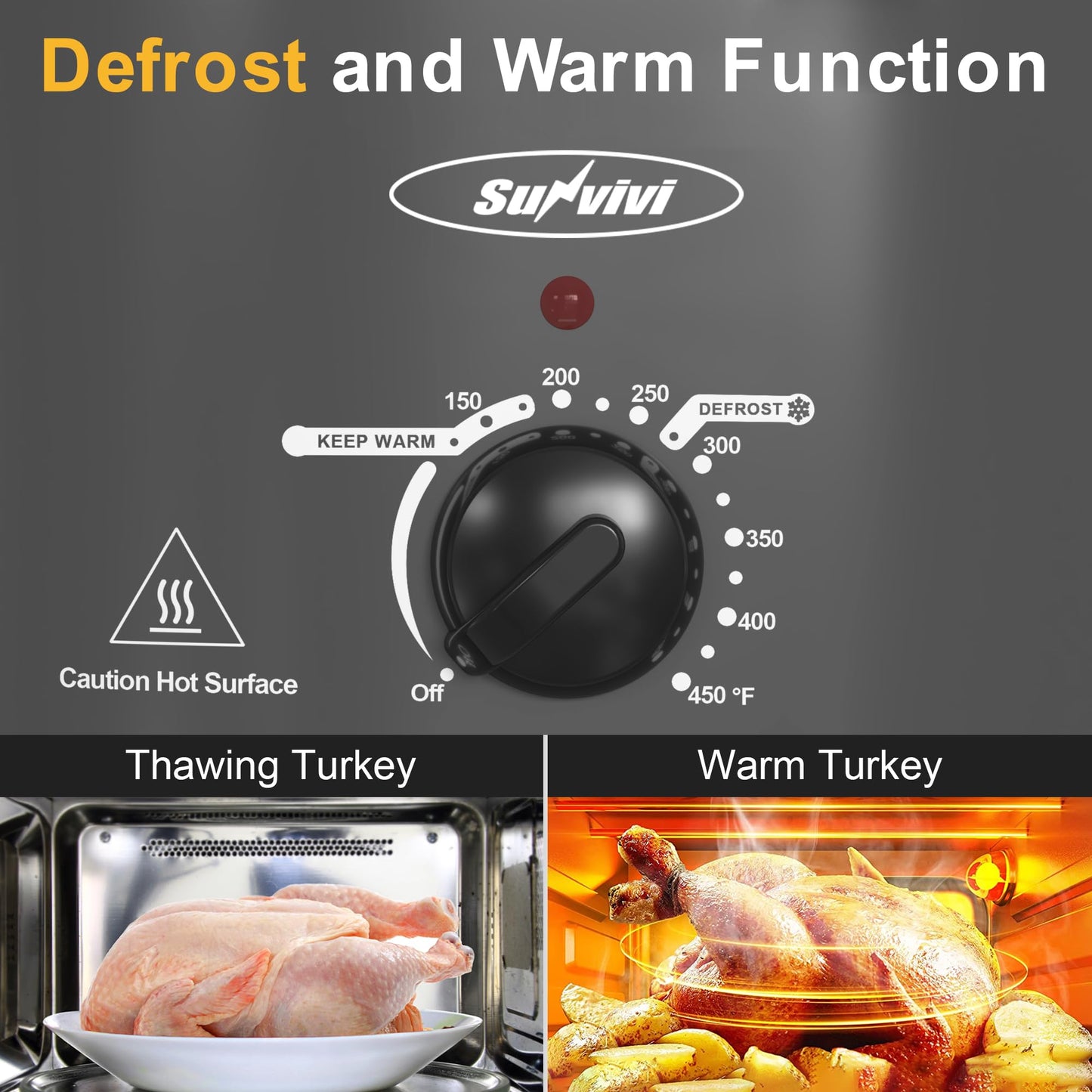 SUNVIVIPRO Slow Cooker with Self-Basting Lid, Electric Turkey Roaster Oven with Removable Pan and Rack, Stainless Steel, Grey, 8 QT
