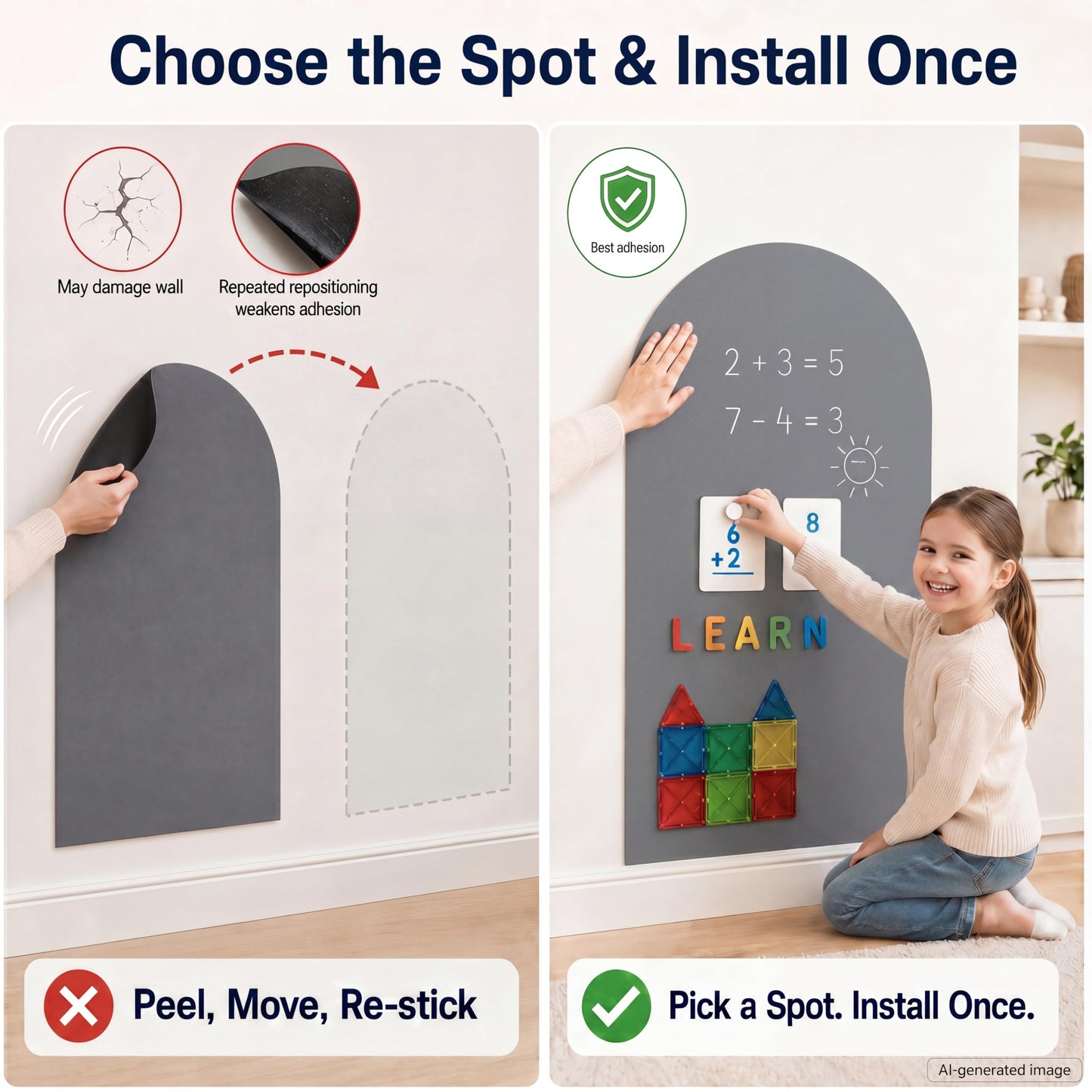 Qiytecno Magnetic Arch Wall Decal: Large 39.4"x23.6" Strong Adhesive Screen Free Chalkboard for Wall - Modern Playroom Decor & Homeschool Learning Station for Toddlers 1-4 & Kids 5-10 (Quiet Gray)