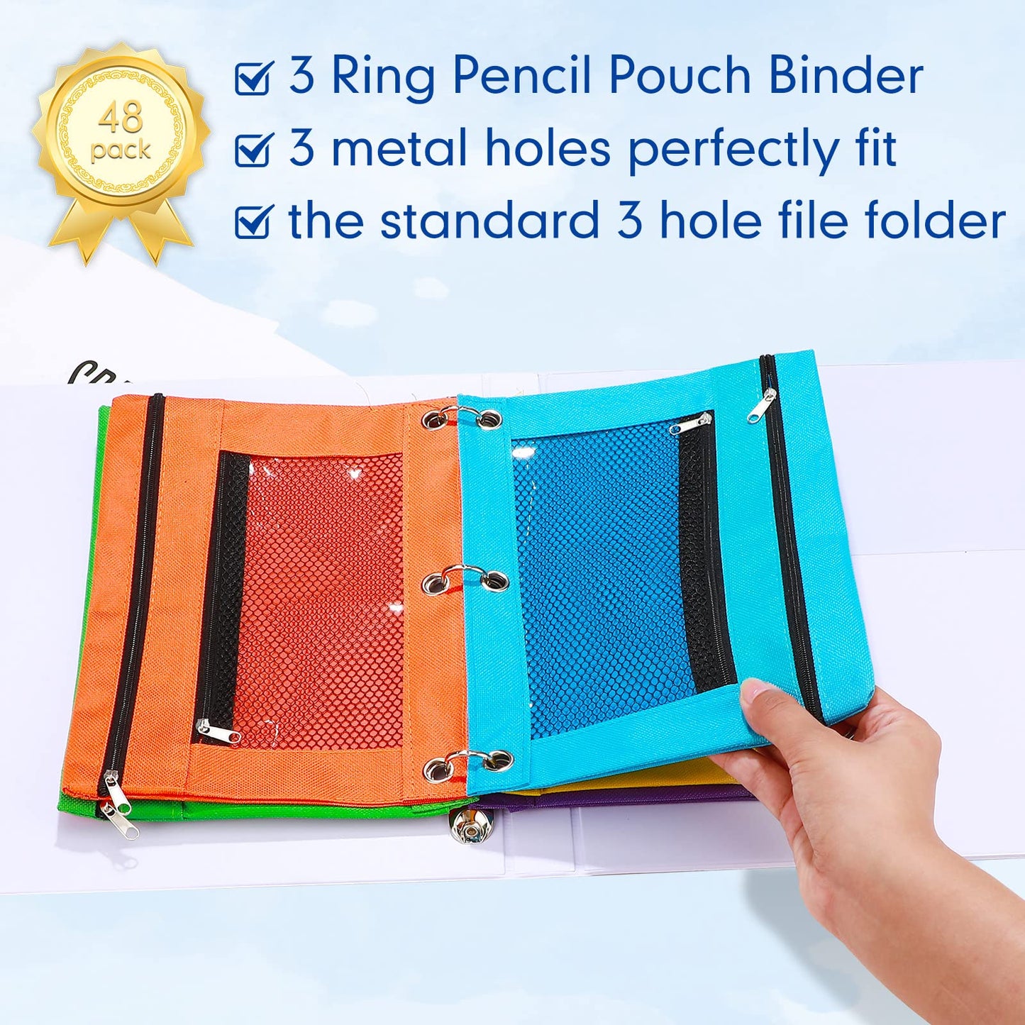 Leelosp 48 Pack Pencil Pouch for 3 Ring Binder Mesh Zipper Pencil Case Bags Binder Pouches Bulk for School Writing Utensils Storage Supplies (Red,Orange,Yellow,Green,Aqua,Purple)