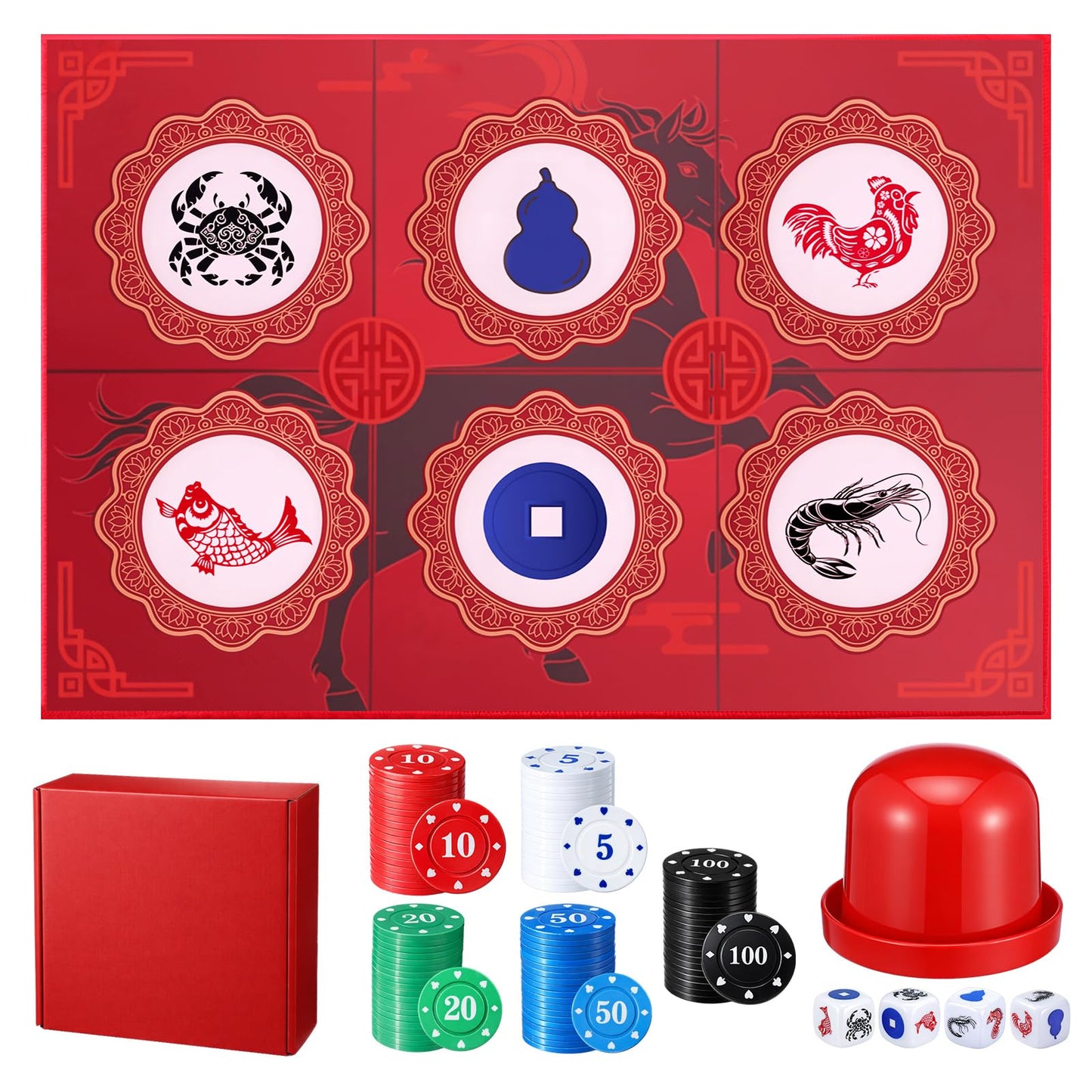 Teyva Daily BAU Cua Dice Game Set - Year of The Horse 2026 Edition with Mat, Dice, Casino Chips, Red Shaker & Gift Box for Adult Lunar New Year, Gatherings, Celebrations Gift for Vietnamese Friend