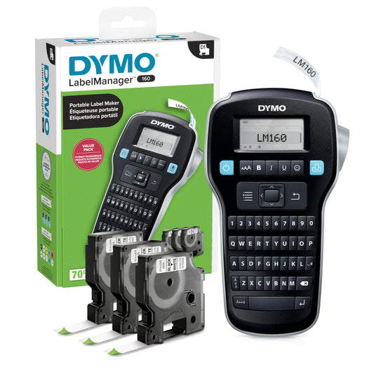 DYMO LabelManager 160 Label Maker Bundle with 3 D1 Label Cassettes, Portable Handheld, QWERTY Keyboard, One-Touch Smart Keys, Large Display, Home & Office Organization