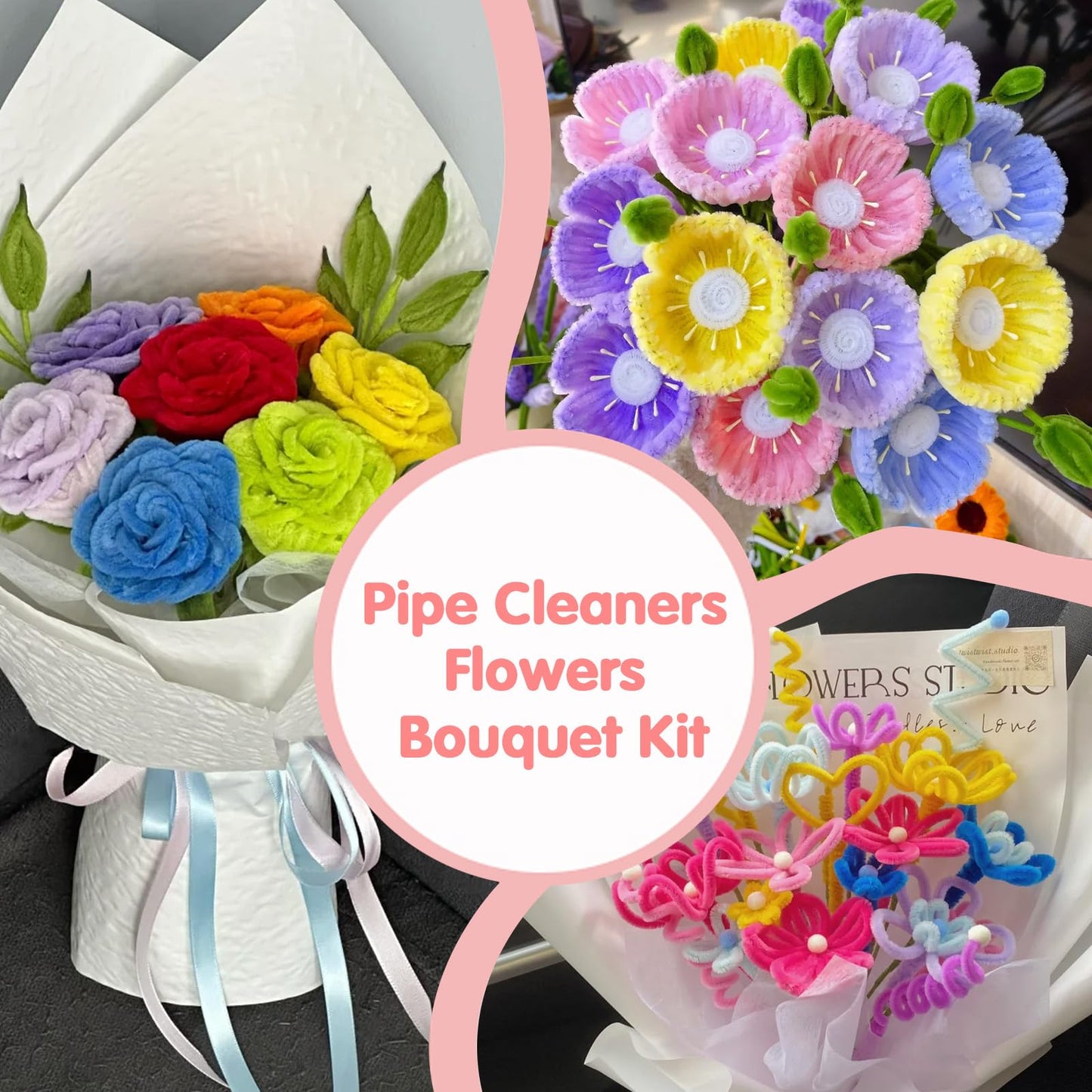 URADIART 650pcs Pipe Cleaners Craft, Bulk Pipe Cleaner Flower Kit,13 Colors Chenille Stems Limpia Pipas para Manualidades with Instruction Accessories for Floral Arrangements,Art and Craft Projects