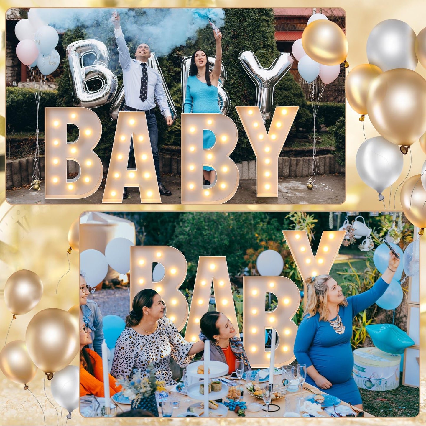 Retisee 3.3 Feet Marquee Letter Lights Baby Light Up Sign With String for Shower Birthday Party Supplies - Mosaic Balloons Frame Decoration Set