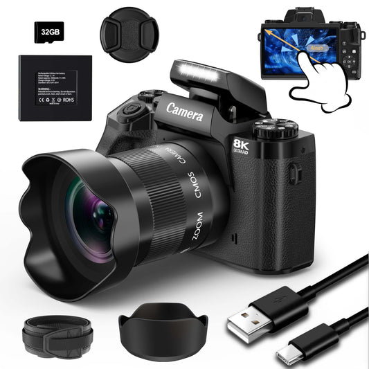 8K 64MP Digital Camera for Photography, Vlogging Camera with Autofocus, WiFi, 4 Inch Touchscreen, 16X Digital Zoom, 3000mAh Battery, Dual-Lens, Lens Hood, 32GB TF Card and Flash,Black