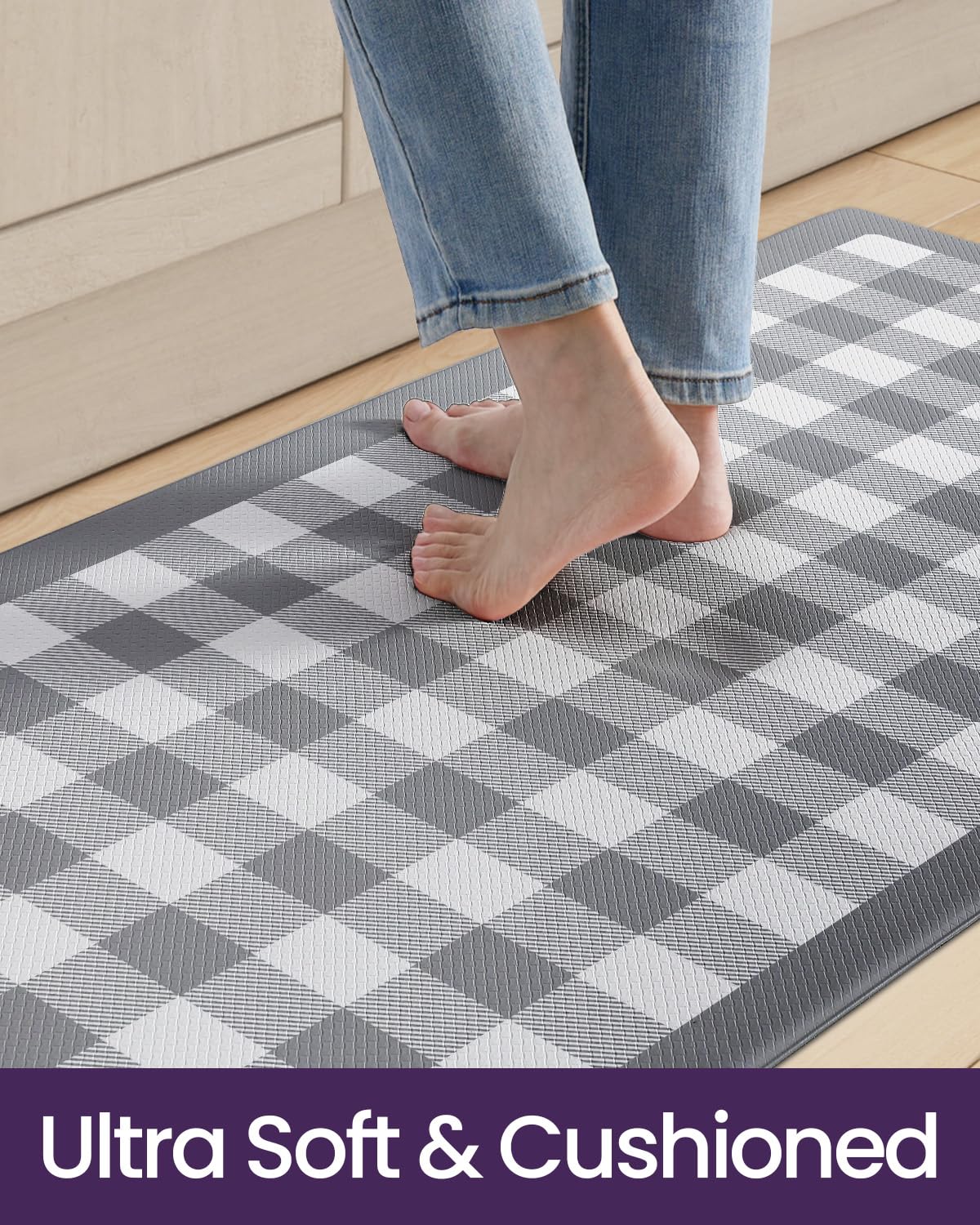 DEXI Kitchen Floor Mats Anti Fatigue, 20x29+20x59 Large Wide Cushioned Runner Rug Memory Foam, Waterproof Comfort Standing Padded Non Skid for Home Office Sink Laundry Grey and White Buffalo Plaid