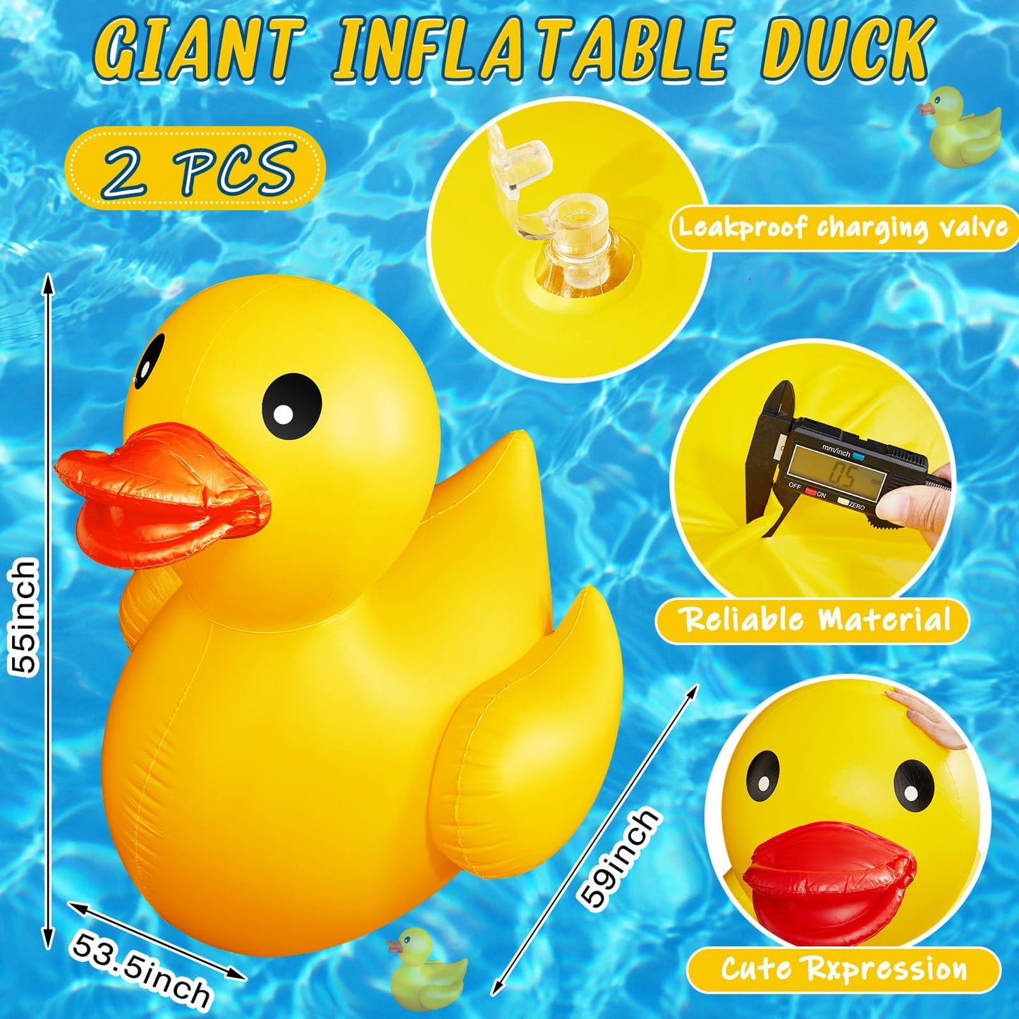 Hungdao 2 Pcs 5 Feet Giant Inflatable Duck Huge Rubber Duck Large Blow up Inflatable Pool Float for Adult Summer Beach Swimming Pool Party Decoration