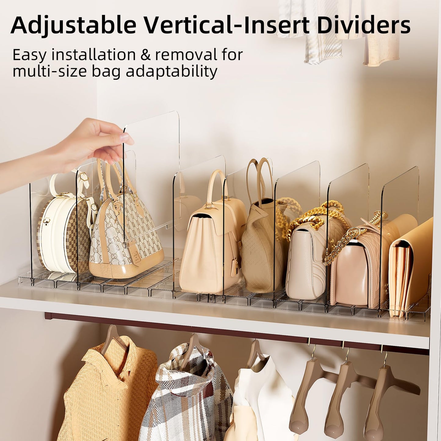 MSHOMELY Stackable Bag & Purse Organizer for Closet Shelf Acrylic Shelf Dividers for Closet Organization, Clear Handbag Purse Storage Organizer Divider, Keep Clutch, Wallet, Pocketbook Upright, 4 Pack