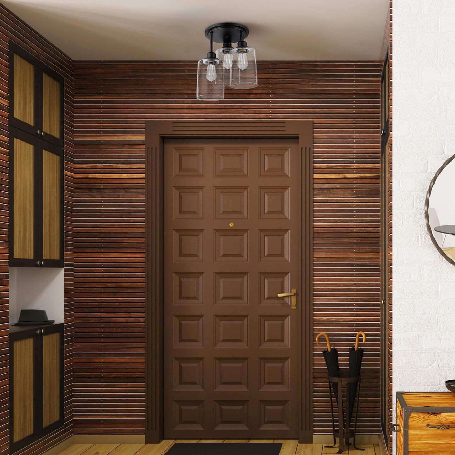 GLOBE Electric 65904 3-Light Bronze Semi-Flush Mount Ceiling Light Fixture with Seeded Glass Shades, Ideal for Kitchen, Bathroom, Bedroom, Closet Light, Home Essentials, LED Bulbs Compatible