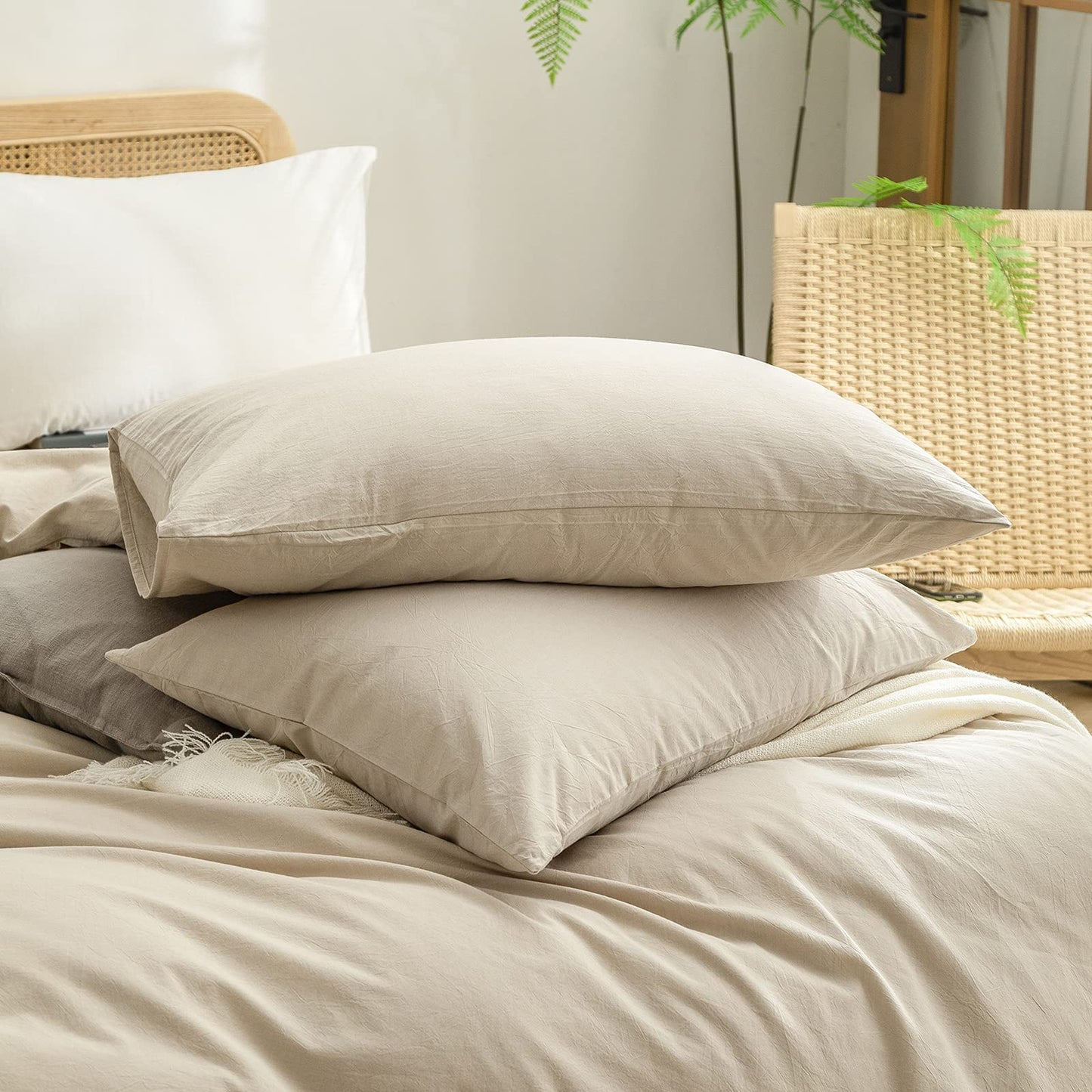 BESTOUCH Duvet Cover Set 100% Cotton Linen Feel Super Soft Comfortable Chic Lightweight 3 PCs Home Bedding Set Solid Almond Milk Grey King