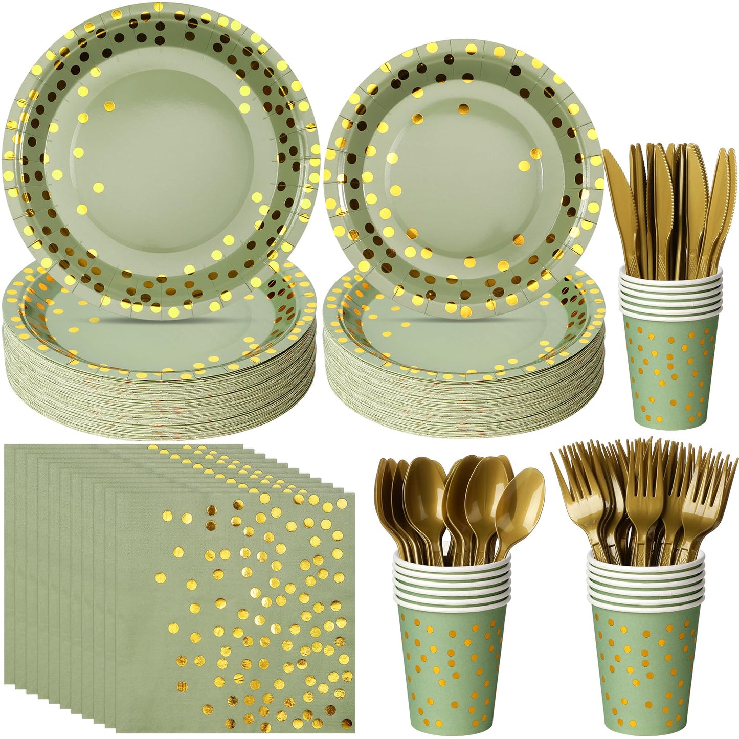 YIDAKO 350pcs Sage Green Paper Plates and Napkins Set, Disposable Sage Green and Gold Polka Dot Party Plates Cups For Baby Shower Birthday Wedding Party Supplies and Decorations, Serve 50