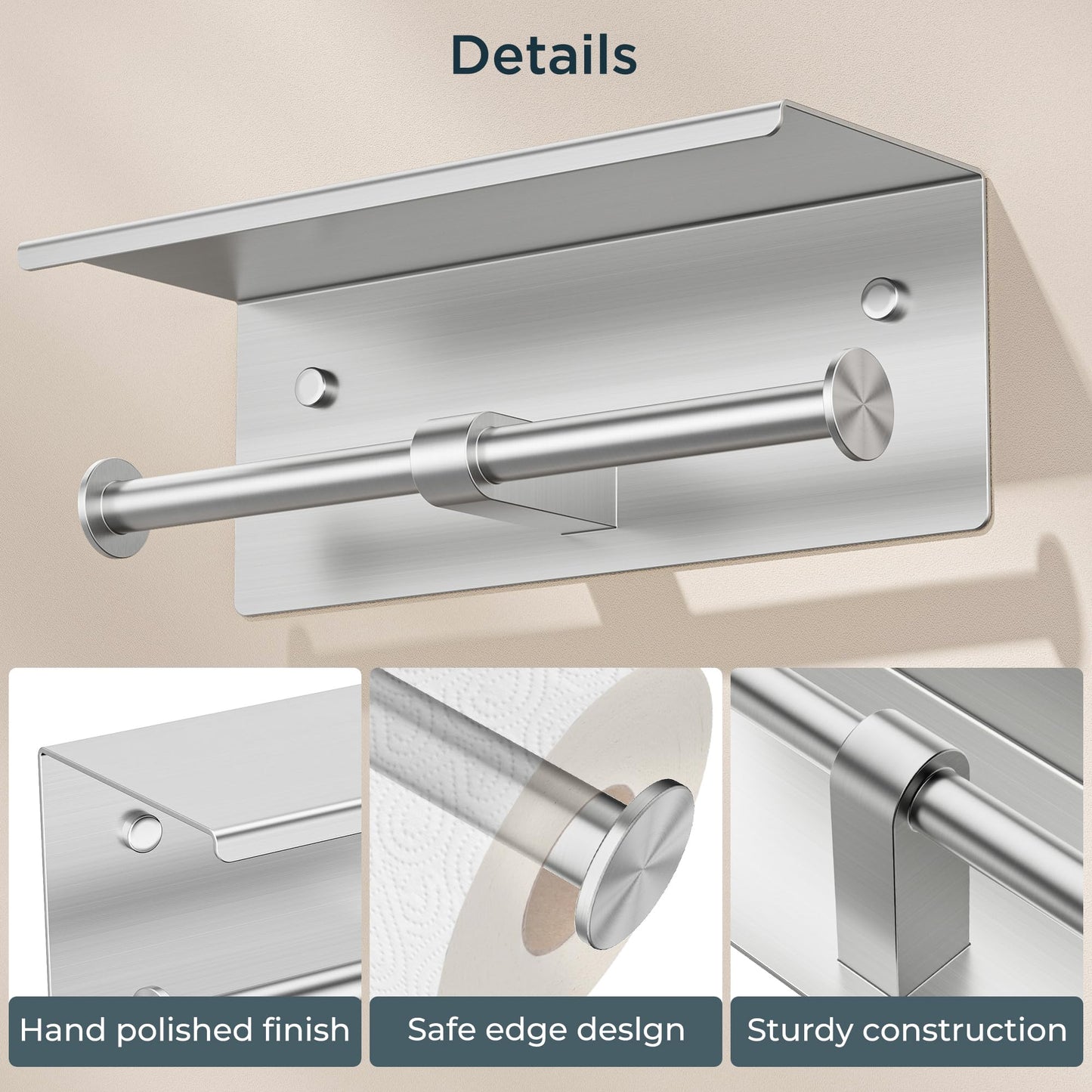 FORIOUS 2 Pack Double Toilet Paper Holder with Shelf, Wall Mount Tissue Roll Holder for Bathroom, 304 Stainless Steel Commercial Toilet Tissue Dispensers with Phone Shelf, Stainless Steel