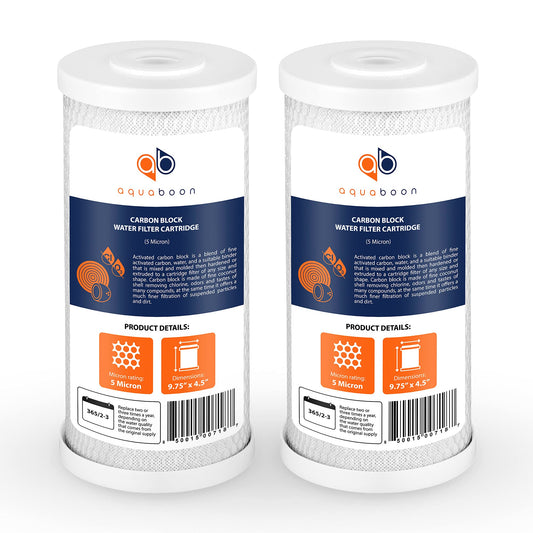 Aquaboon 5 Micron 10x4.5 Carbon Block Water Filters Whole House CTO Water Filter Replacement Cartridge Compatible with FXHTC, CB-BB-10, EP-BB, 2-Pack