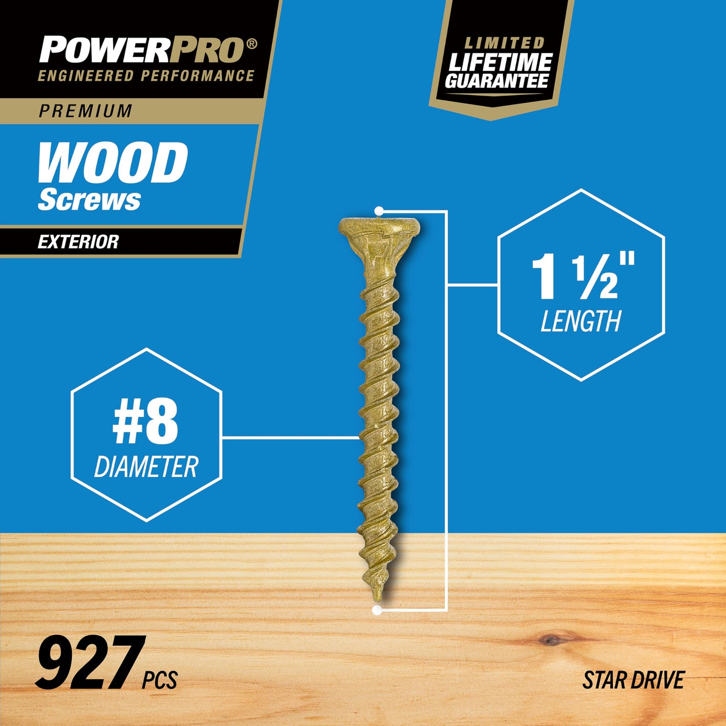 Power Pro 48606 Wood Screws, #8 x 1-1/2", Premium Outdoor Deck Screws, Rust Resistant, Epoxy Coated Bronze, 5lb Tub, 1015 pcs