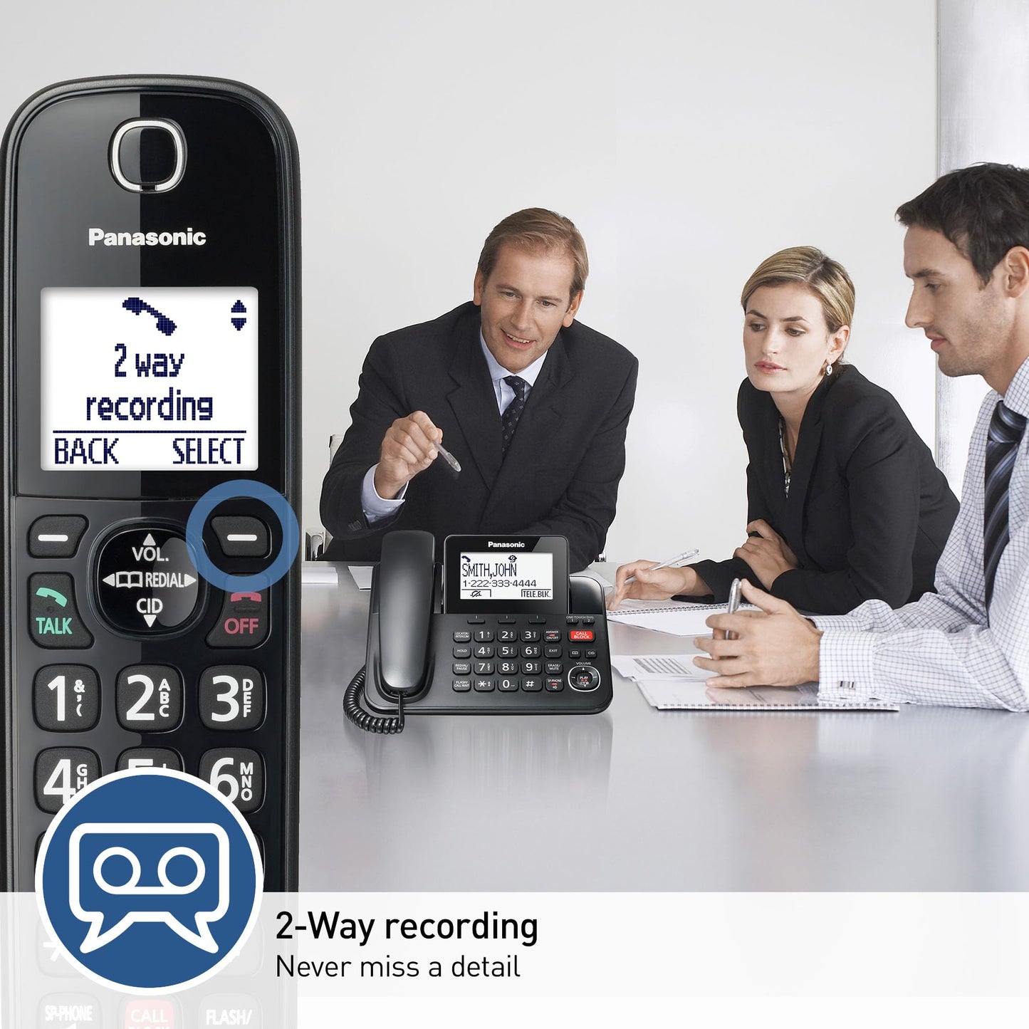 Panasonic Corded/Cordless Phone with Advanced Call Block, 2-Way Recording and Digital Answering Machine, 2 Handsets Expandable up to 6 Cordless Handsets - KX-TGF852B (Black)
