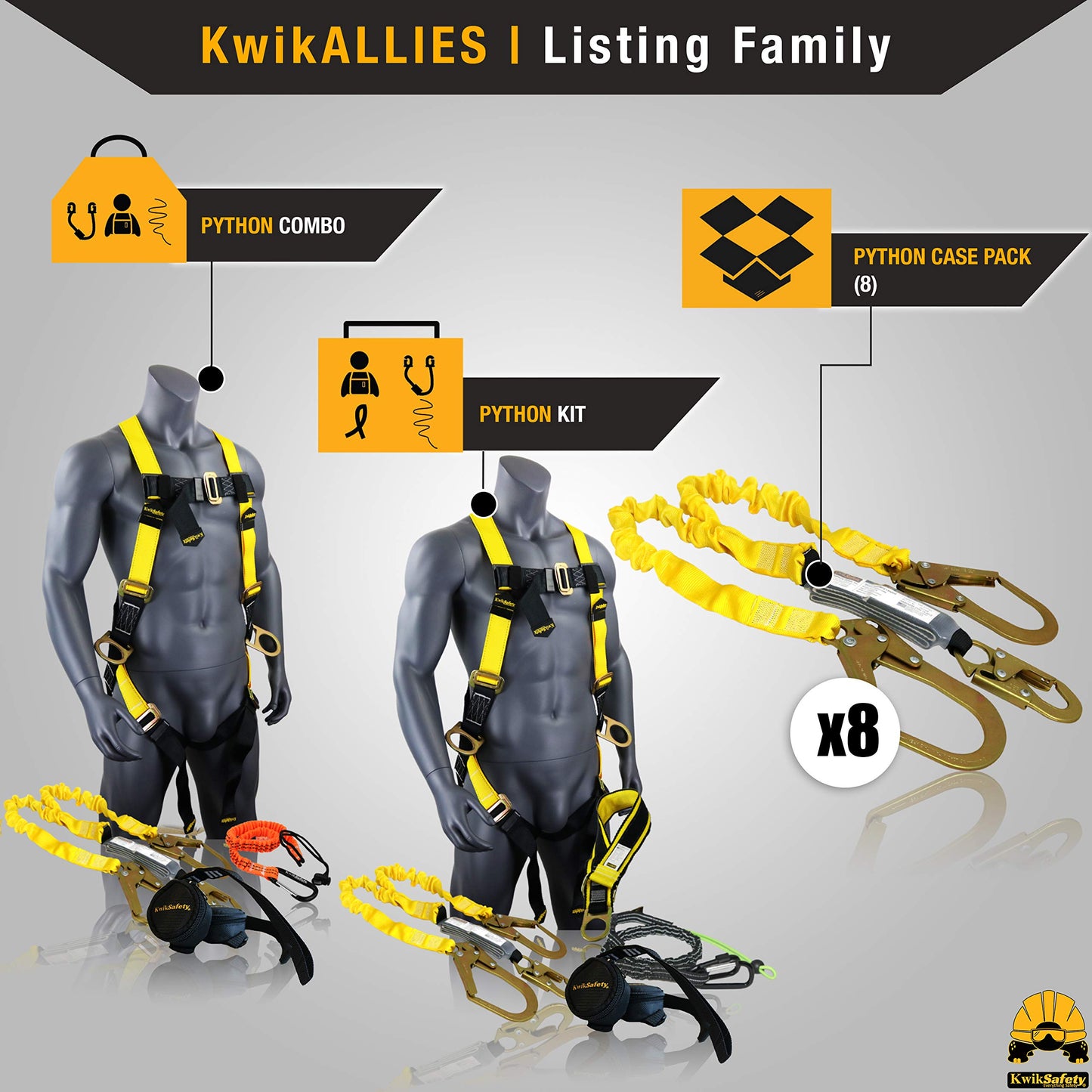 KwikSafety - Charlotte, NC - Python [External Shock Absorber] Double Leg 6ft Safety Lanyard OSHA ANSI Fall Protection Restraint Equipment Snap Rebar Connectors Construction Arborist Roofing