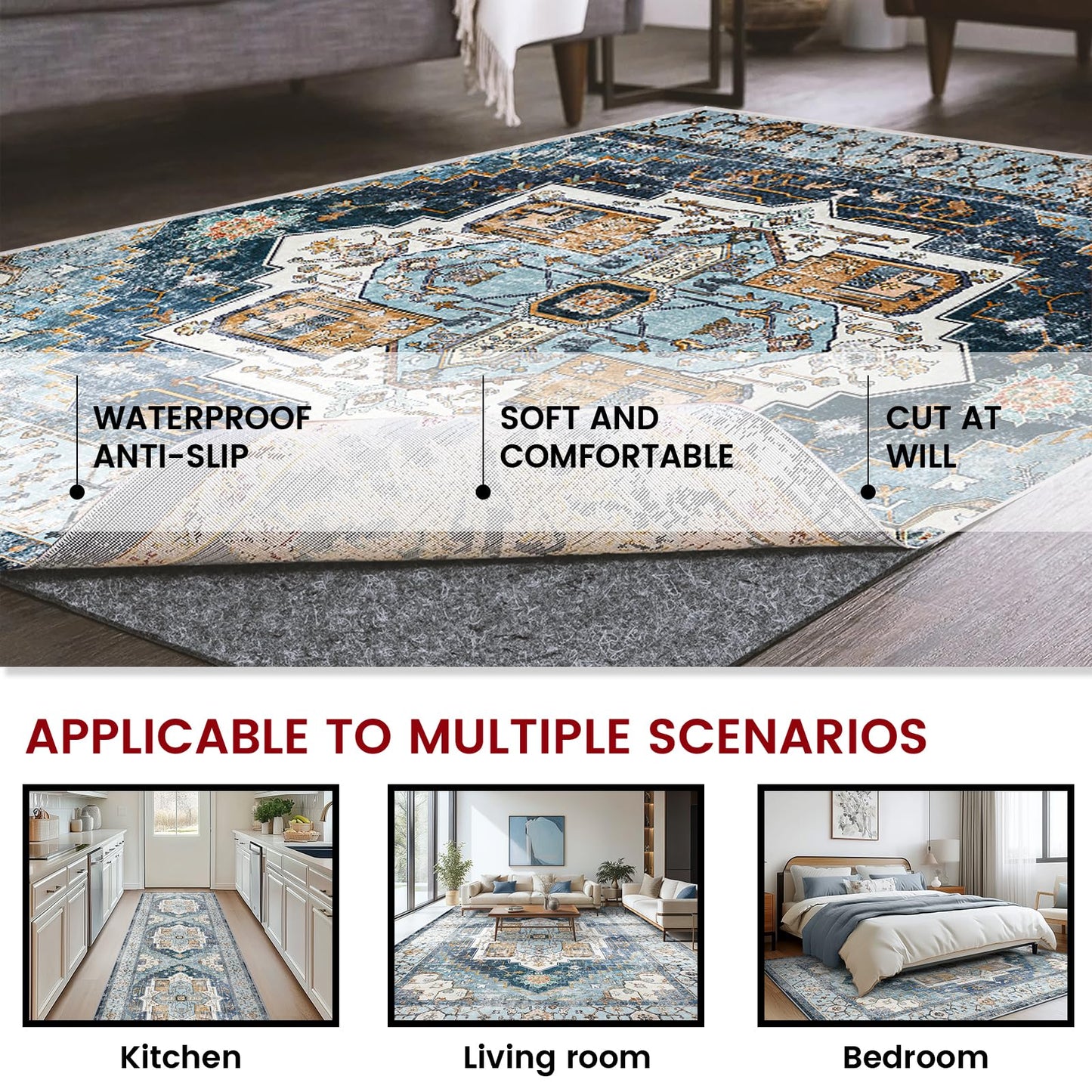 Waterproof Rug Pad, 7x9 ft Area Rug Non-Slip Carpet Pad, Non-Slip Rug Pads for All Floors and Finishes, Felt Pad for Hardwood Floors, Keeps Carpets in Place Soft and Safe