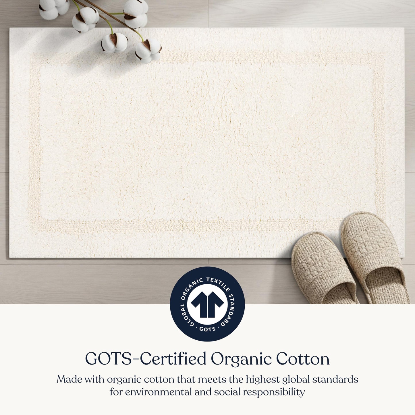 Delara Organic Cotton Reversible Bath Mat – 3000 GSM, GOTS Certified, Ultra-Thick & Super Absorbent | Soft, Plush & Quick-Drying Bathroom Rug (Ivory, 20x30)