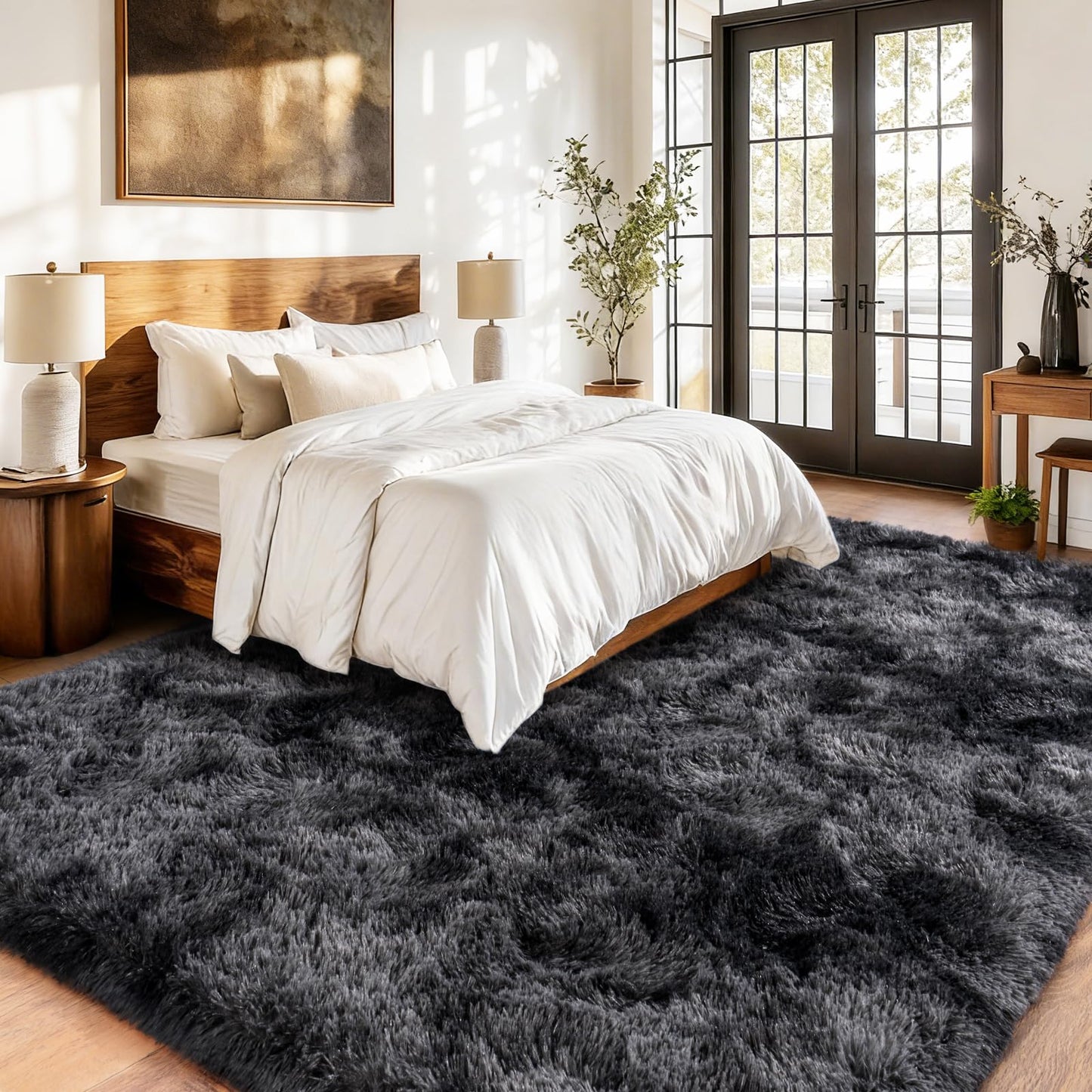 Isdook Shaggy Area Rugs, Fuzzy Rugs for Living Room, Soft Nursery Area Rug for Girls, Tie Dye Black Gray Plush Area Rugs Non Slip, Fluffy Rug Carpet 8x10ft
