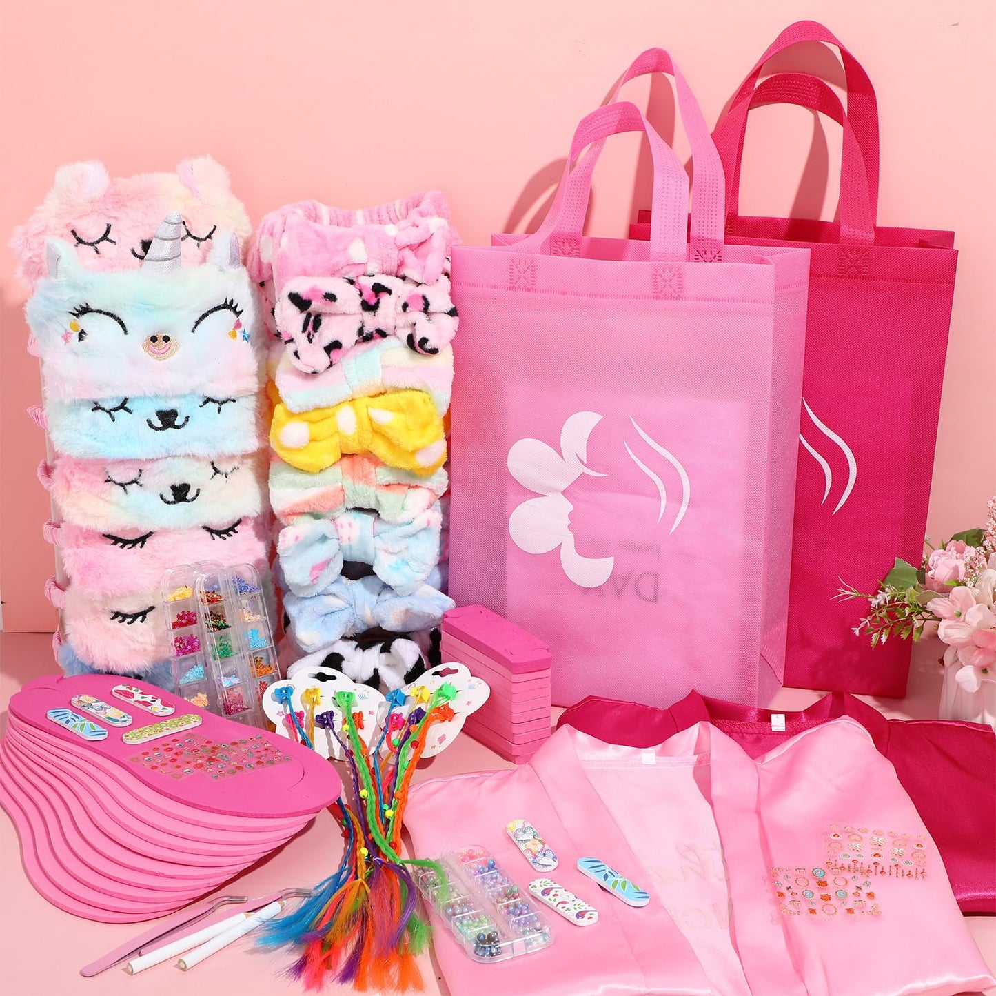 Toulite 10 Set Spa Party Supplies for Girls Kids 10 Satin Robes Spa Kit Sleepover Birthday Slumber Party Favors Nail Salon(Rose Red, Pink)