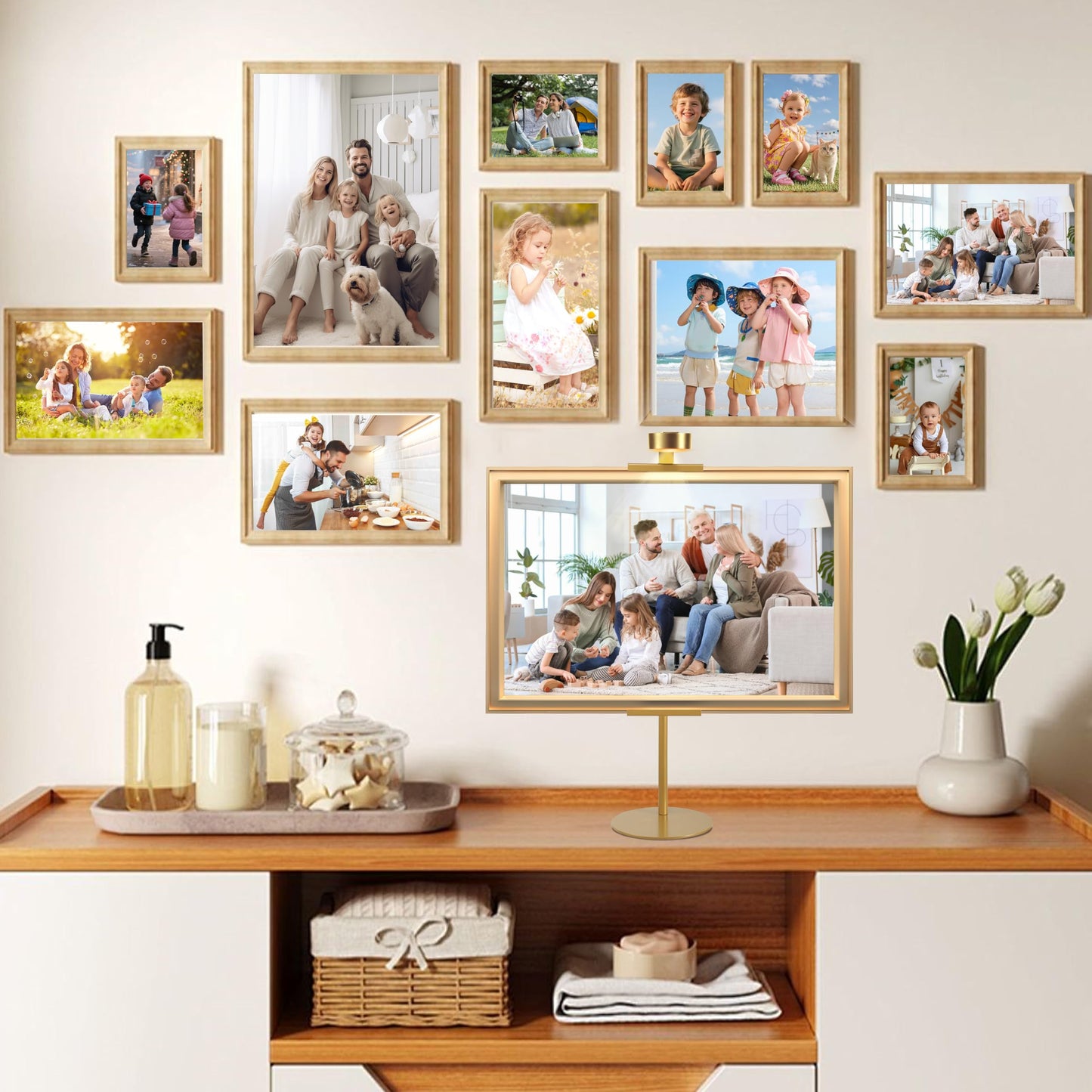 NKJIH Adjustable Desktop Photo Frame Stand with Magnetic Wall Painting Light, Holds Picture Frames up to 30 Inch,with Rechargeable Battery,Metal Vertical Stand with 3 Color Temperature & 13RGB Poster Lights, for Displaying Picture Frames, Artworks (1 Pack
