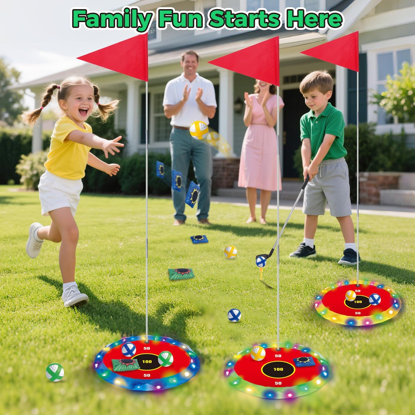 VATOS Light Up Golf Game Set for Kids, 2-in-1 Golf & Toss Game, 16 Balls, 2 Clubs, 6 Lighted Targets, Indoor & Outdoor Game Set, Gifts for Kids Boys Girls Ages 3-8