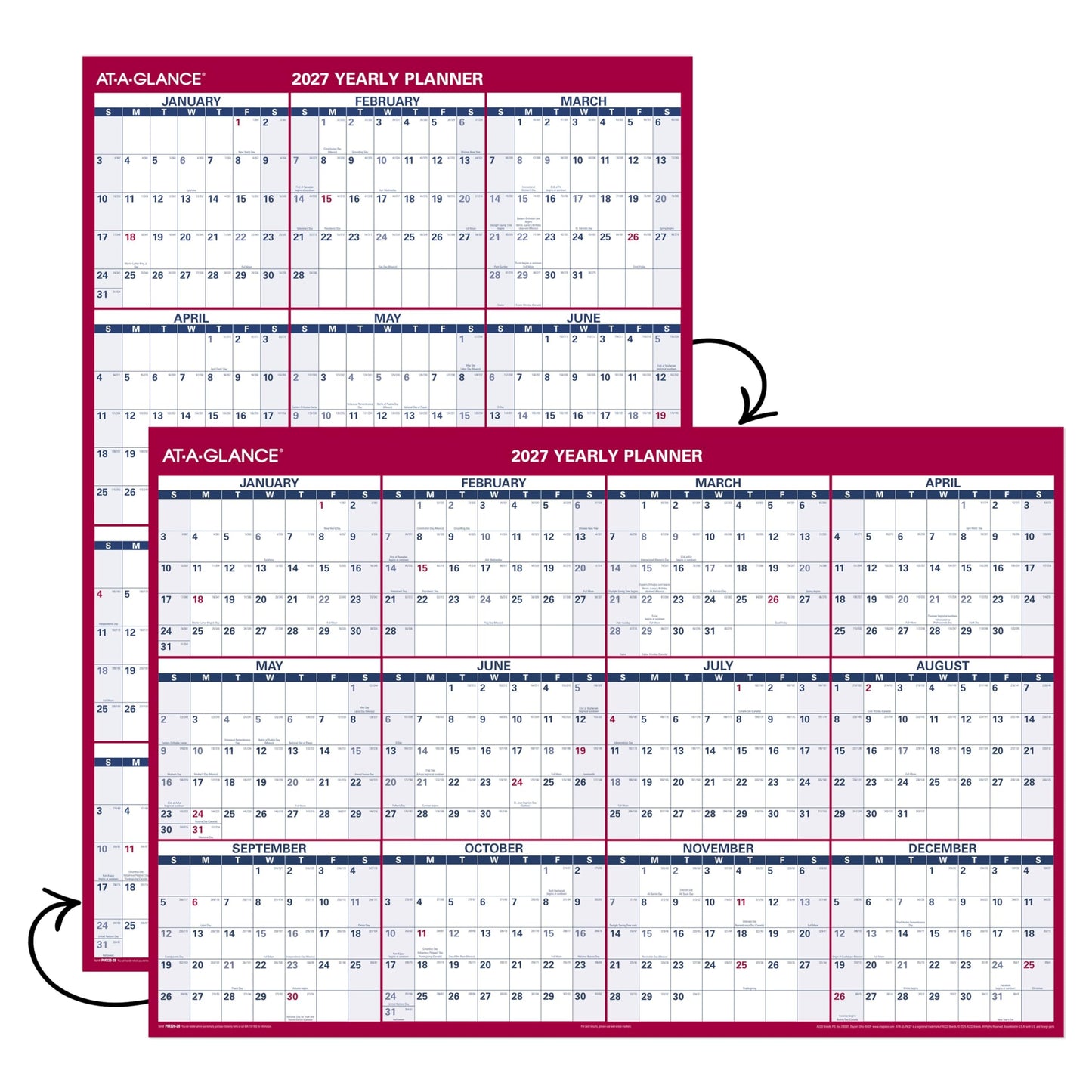 AT-A-GLANCE 2027 Erasable Calendar, Dry Erase Wall Planner, 48" x 32", Vertical-Horizontal, Reversible (PM3262827)
