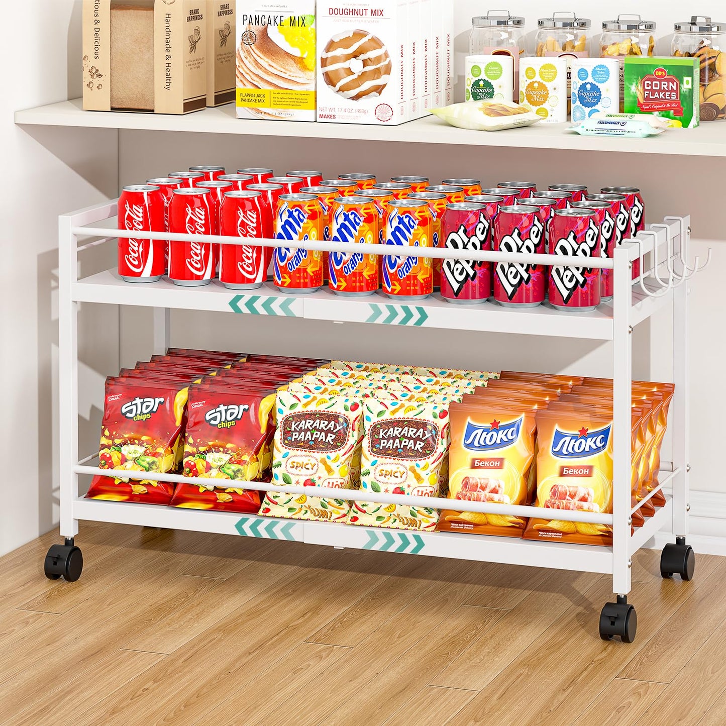 2-Tier Expandable Rolling Pantry Cart with Wheels, Adjustable Floor Organizer for Kitchen Pantry, Can Organizer for Pantry, Storage Cart for Snack, Food, Vegetables, White, Patent Pending