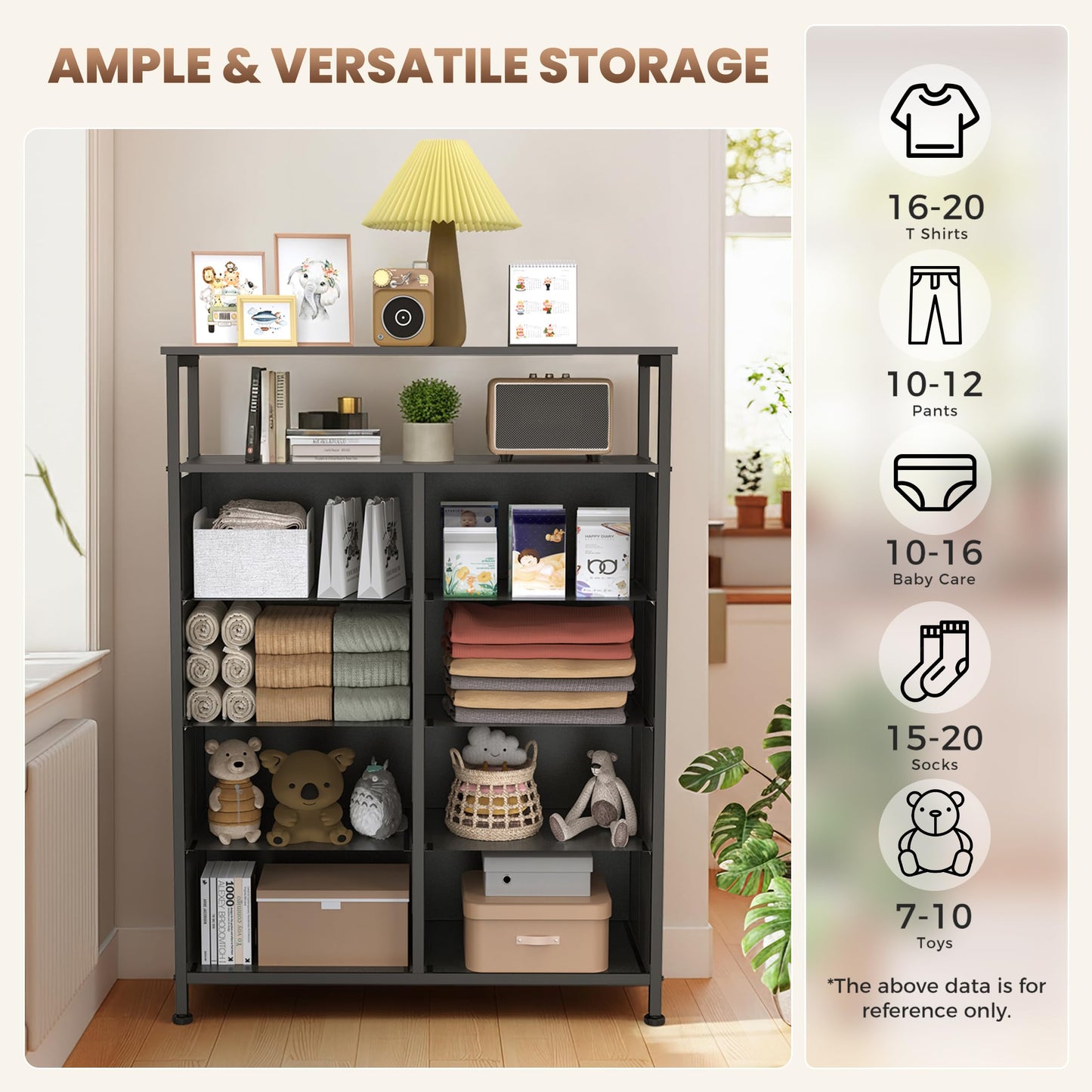 DUMOS Fabric Dresser for Bedroom with 8 Drawers, Tall 8-Drawer Chest of Drawers with Raised Shelf, Storage Tower with Fabric Bins for Closet Organization, Hallway Storage, Grey