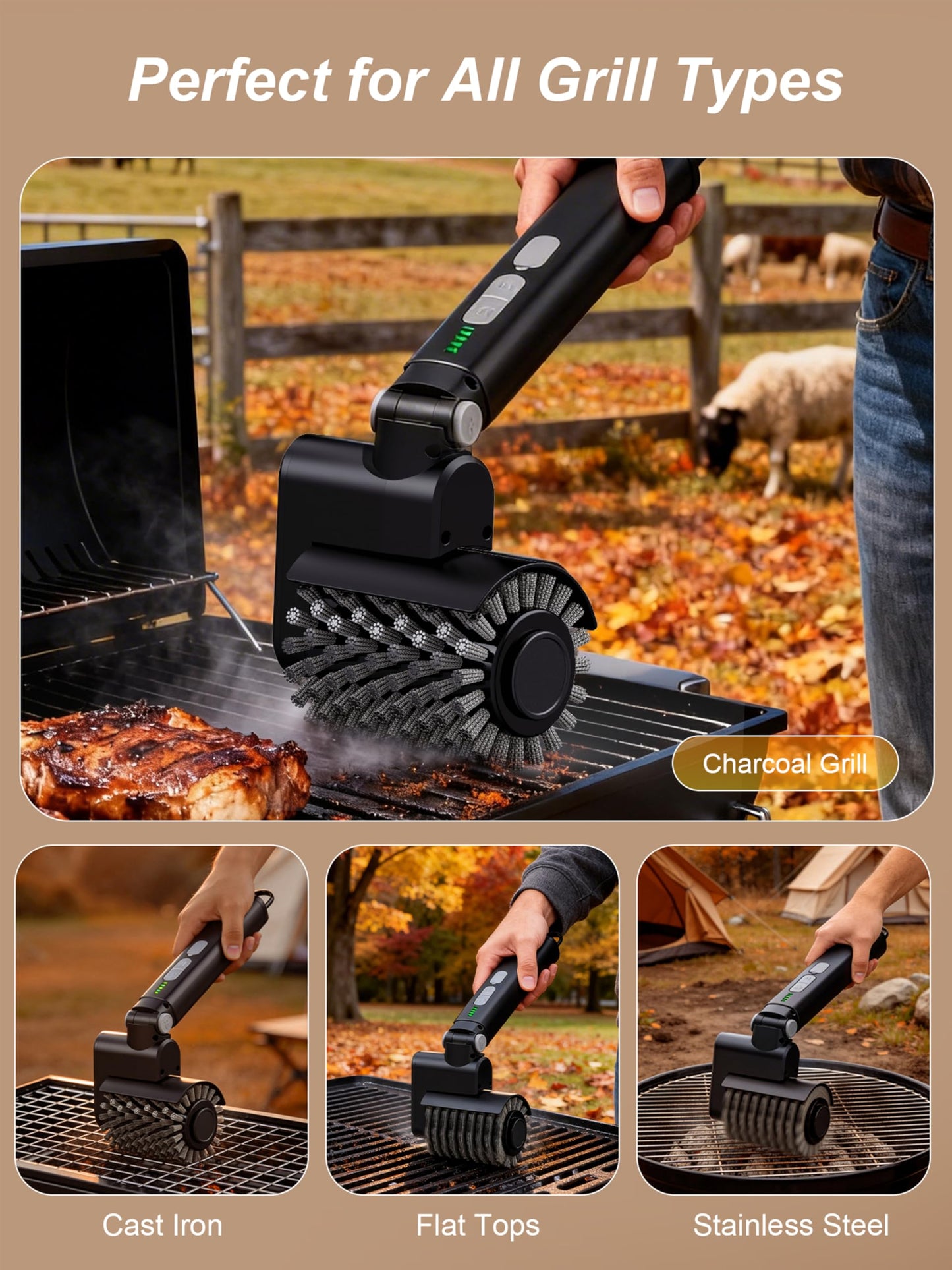 Aurviv Electric Grill Brush, Cordless Automatic BBQ Cleaner with 3-Speed Control, Rechargeable Grill Cleaning Brush with Stainless Steel Heads & Scouring Pad, BBQ Accessories Gift for Men