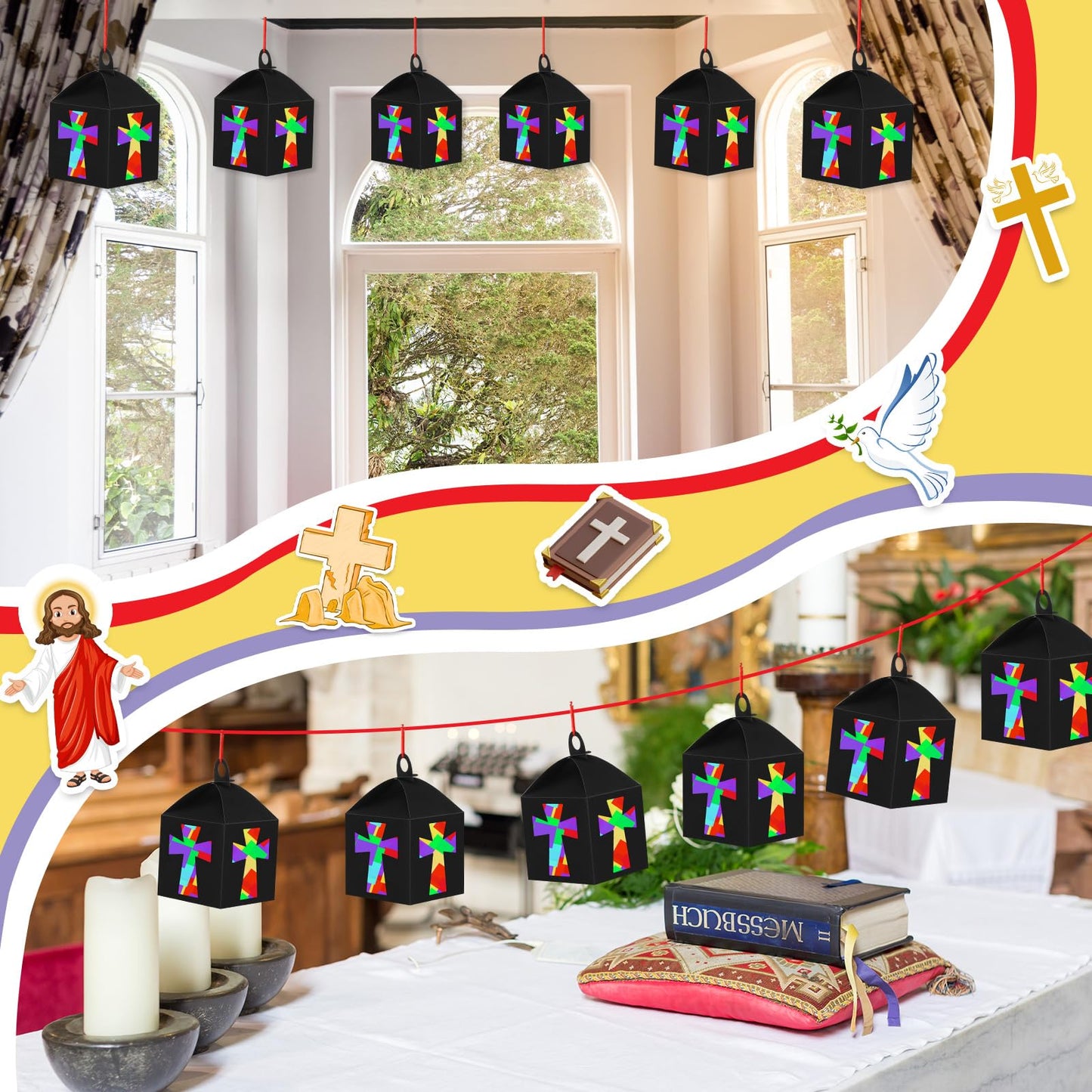 VIHOSE 16 Sets Religious Craft Kits Religious Lanterns Craft Bulk Suncatcher Kits Religious Cross Ornaments Christian DIY Tissue Paper Kits for Sunday School Classroom Art Home Church