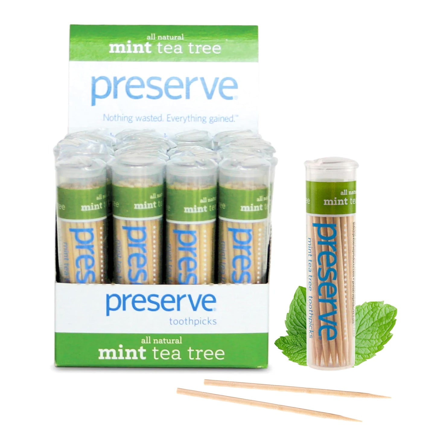Preserve Toothpicks Refreshing Natural Mint Tea Tree Flavored Toothpicks for Fresh Breath Teeth & Gums - Sustainably Harvested Birch Wood - 24 Travel Cases (840 Picks)