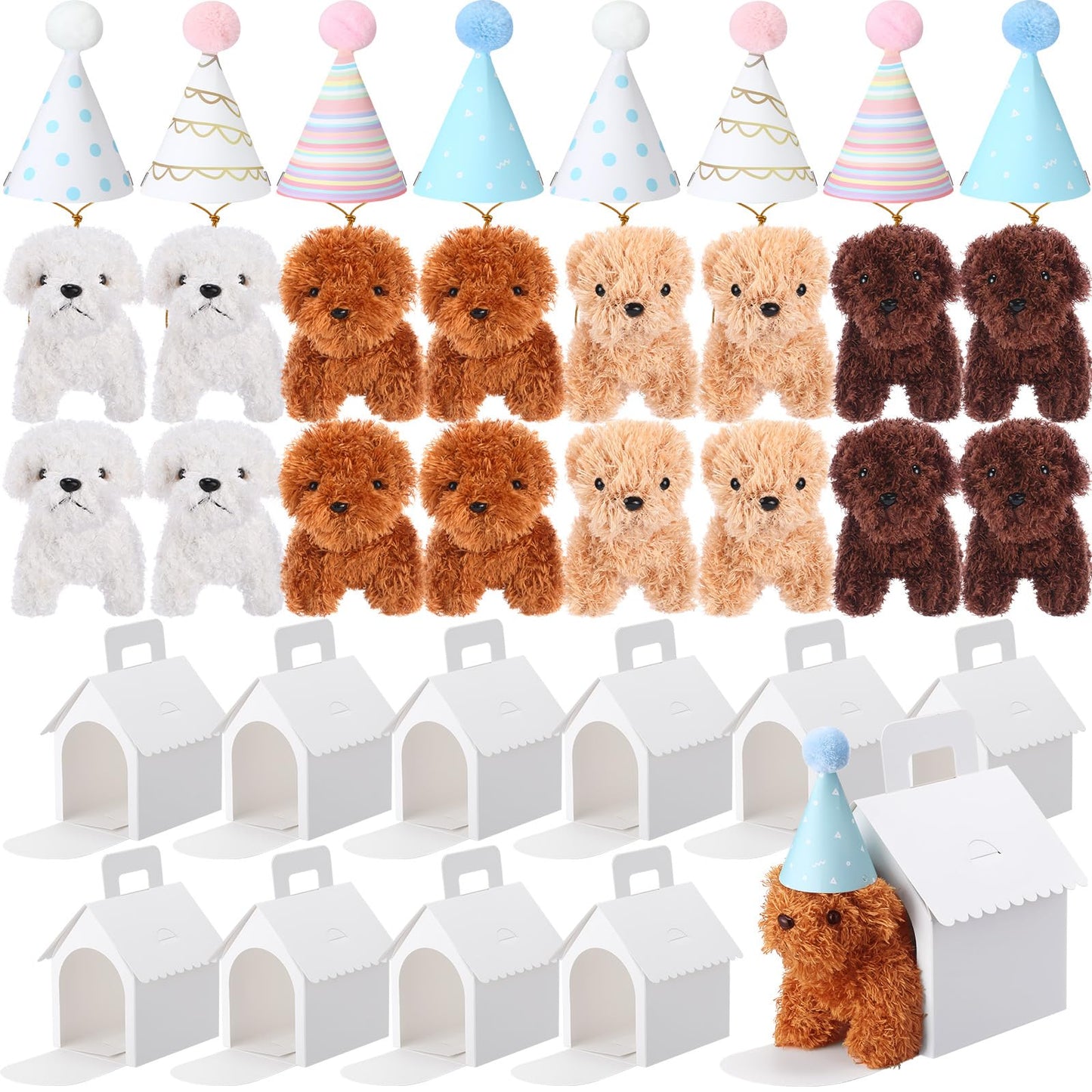 Motionchic 20 Pcs Mini Stuffed Animals Set Includes 20 Birthday Hats 20 Kraft Paper Boxes for Animal Theme Birthday Party Supplies Favors Gifts(White,Classic)