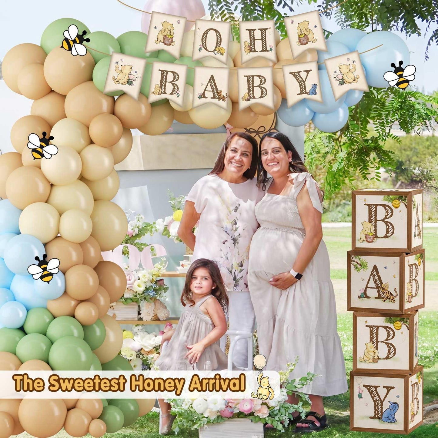 Classic Winnie Bear Baby Shower Decorations, Neutral All-In-One Pooh Baby Shower Balloon Arch Baby Boxes Backdrop Banner Tablecloth Cake Cupcake Topper Bee Stickers Mom To Be Sash Kit for Boys Girls