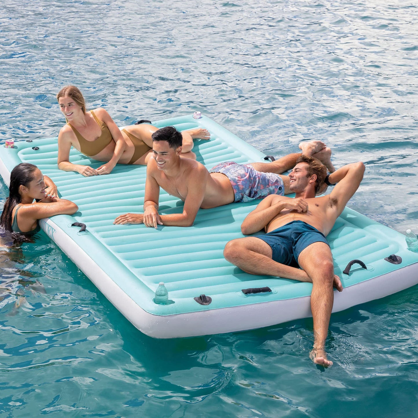 INTEX 56289EP Inflatable Floating Water Lounge: Soft Fabric Handles – Built-In Cup Holders – Secure Tie-Downs – 880lb Weight Capacity – 122" x 72" x 7"