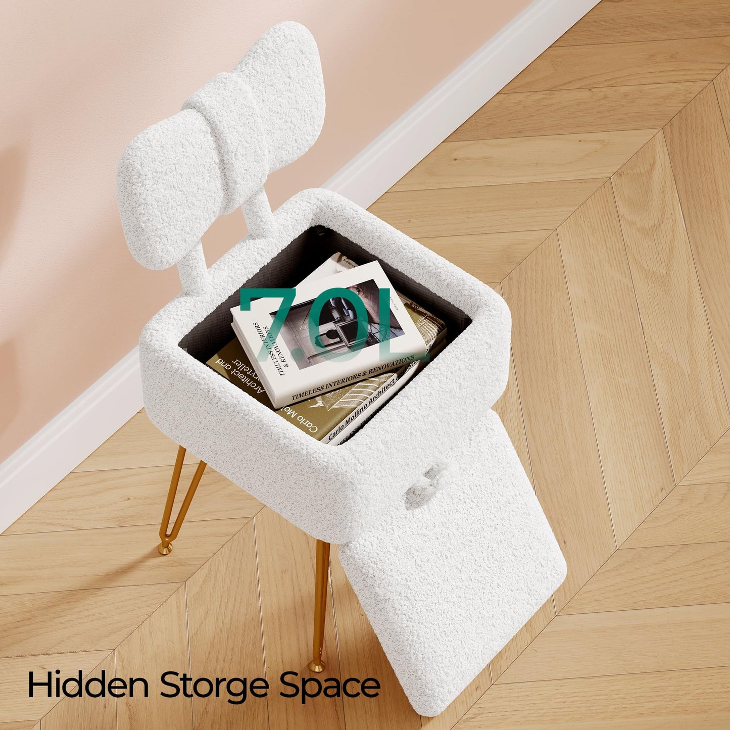 GLANZALANT Small Vanity Chair with Storage and Folding Back, 14.2" D x 12.6" W x 28.3" H Soft Storage Ottoman, Footrest Stool, Teddy Fleece Vanity Stool for Makeup, Bedroom, Living Room, White