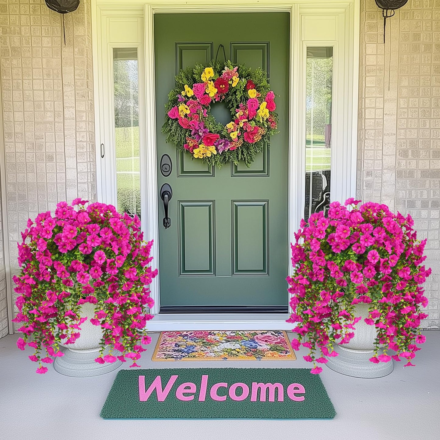MARTINE MALL 8 Pcs Look Real Artificial Flowers for Outdoors, Realistic Artificial Hanging Flowers for Outdoors, UV Resistant Fake Hanging Plants Silk Petunia Faux Flowers for Porch Patio, Fuchsia