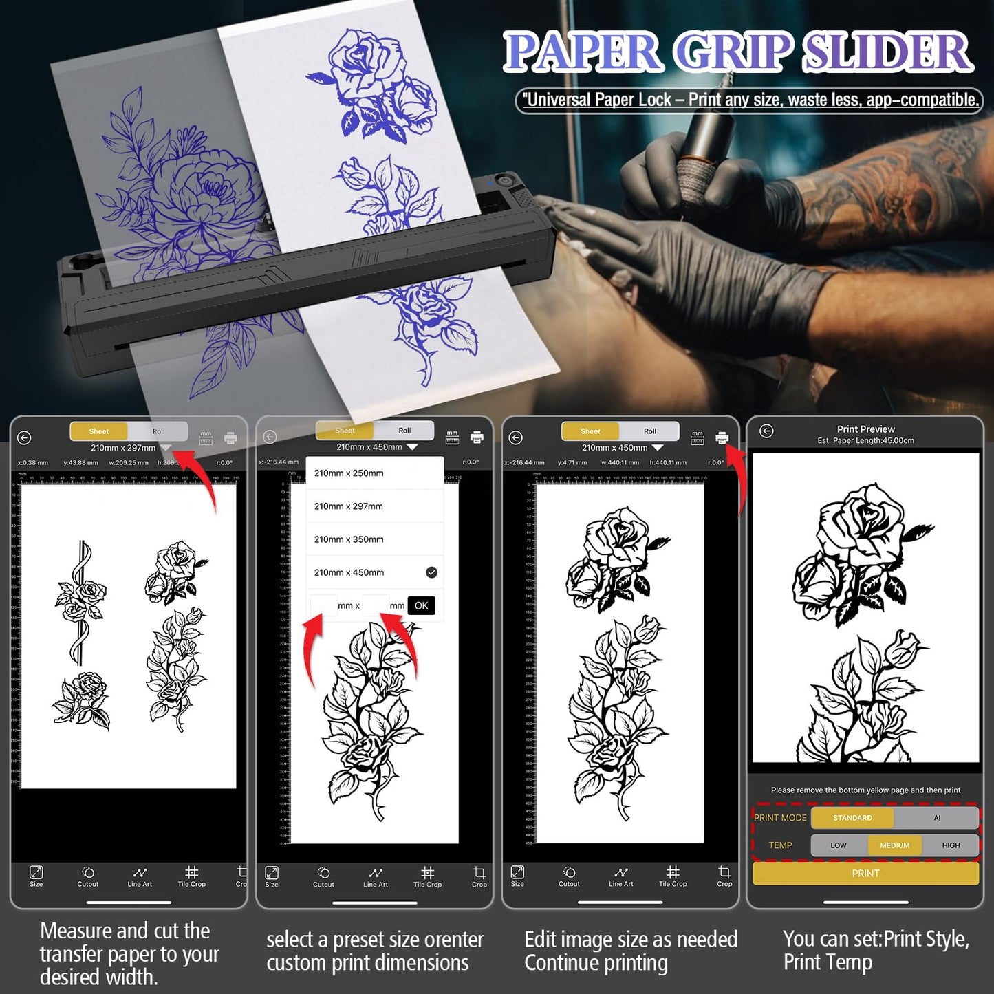 Sacnahe Wireless Tattoo Stencil Printer, Portable Bluetooth Thermal Tattoo Printer with App Custom-Size≤ A4, Print Realistic Portraits, 10 Transfer Papers, Works for Phone/Tablet/PC (Black)