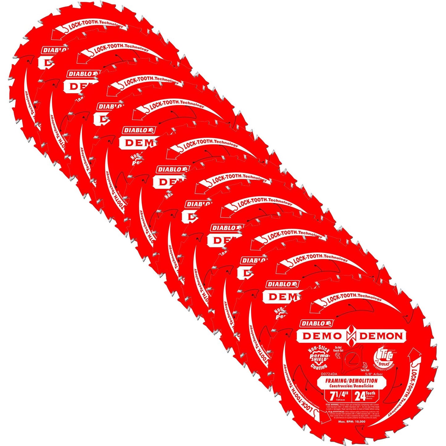 Diablo Demo Demon 7‑¼″ x 24‑Tooth Ultimate Framing & Demolition Saw Blades, 10‑Pack - Lock‑Tooth, Thin Kerf, Long Life - D0724DA