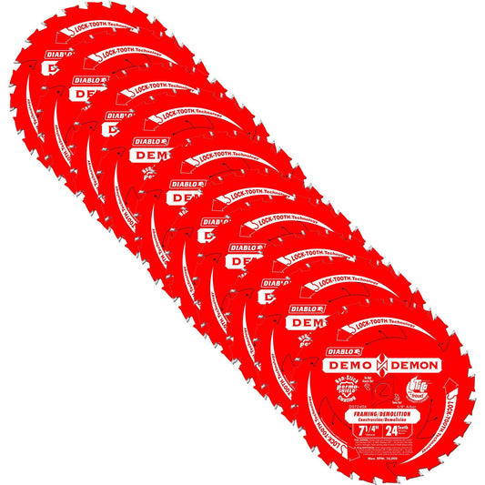 Diablo Demo Demon 7‑¼″ x 24‑Tooth Ultimate Framing & Demolition Saw Blades, 10‑Pack - Lock‑Tooth, Thin Kerf, Long Life - D0724DA