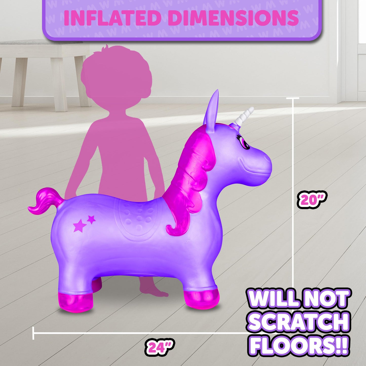 Waddle Bouncy Hopper Inflatable Hopping Animal, Indoors and Outdoors Toy for Toddlers and Kids, Pump Included, Boys and Girls Ages 2 Years and U (Purple Pink Unicorn)