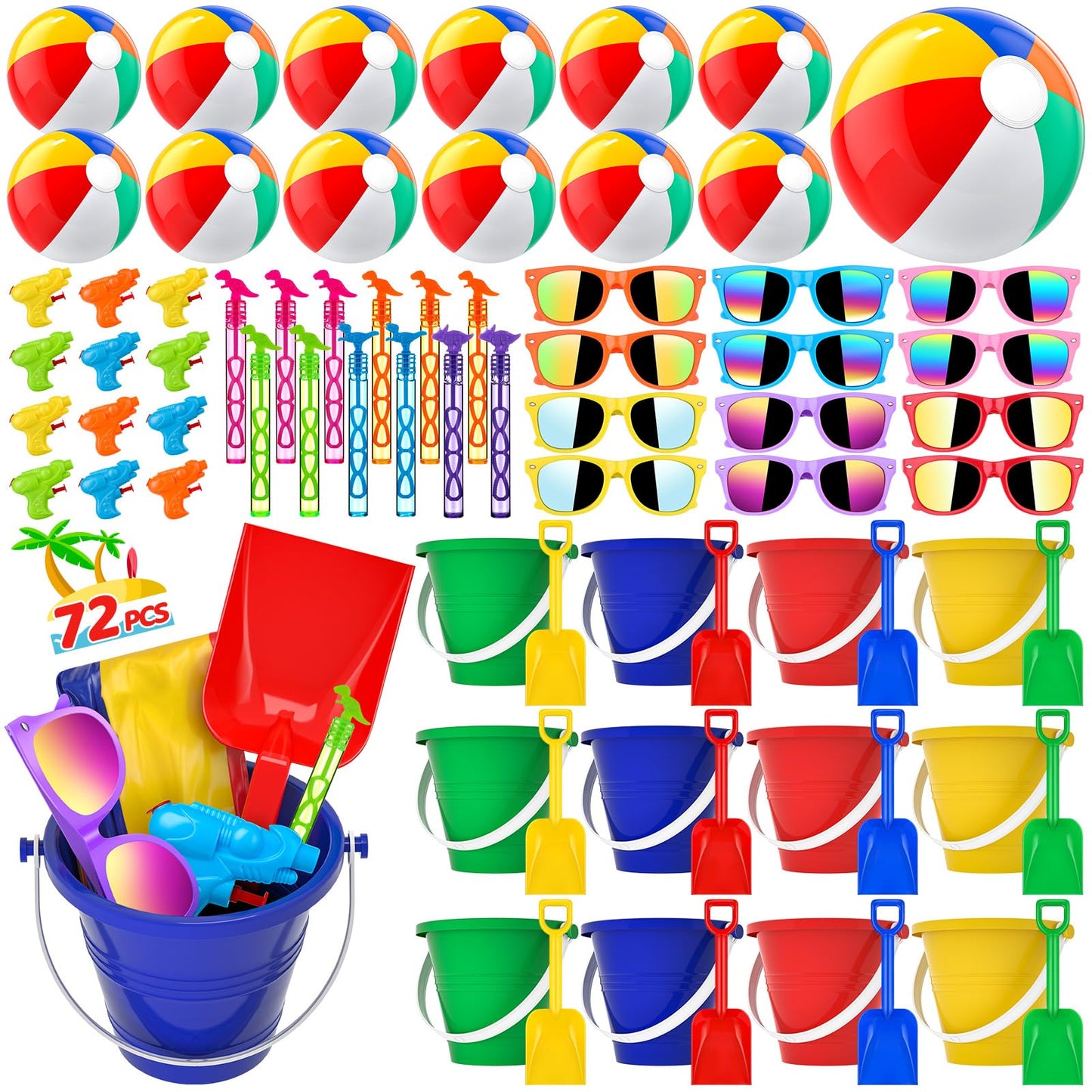 GIFTINBOX Mega Pool Party Beach Favors - 72pcs Toys For Kids Ages 3 4 5 6 7 8 Balls Bulk, Sand Toys, Sunglasses, Bubble Wands, Summer for Supplies Birthday