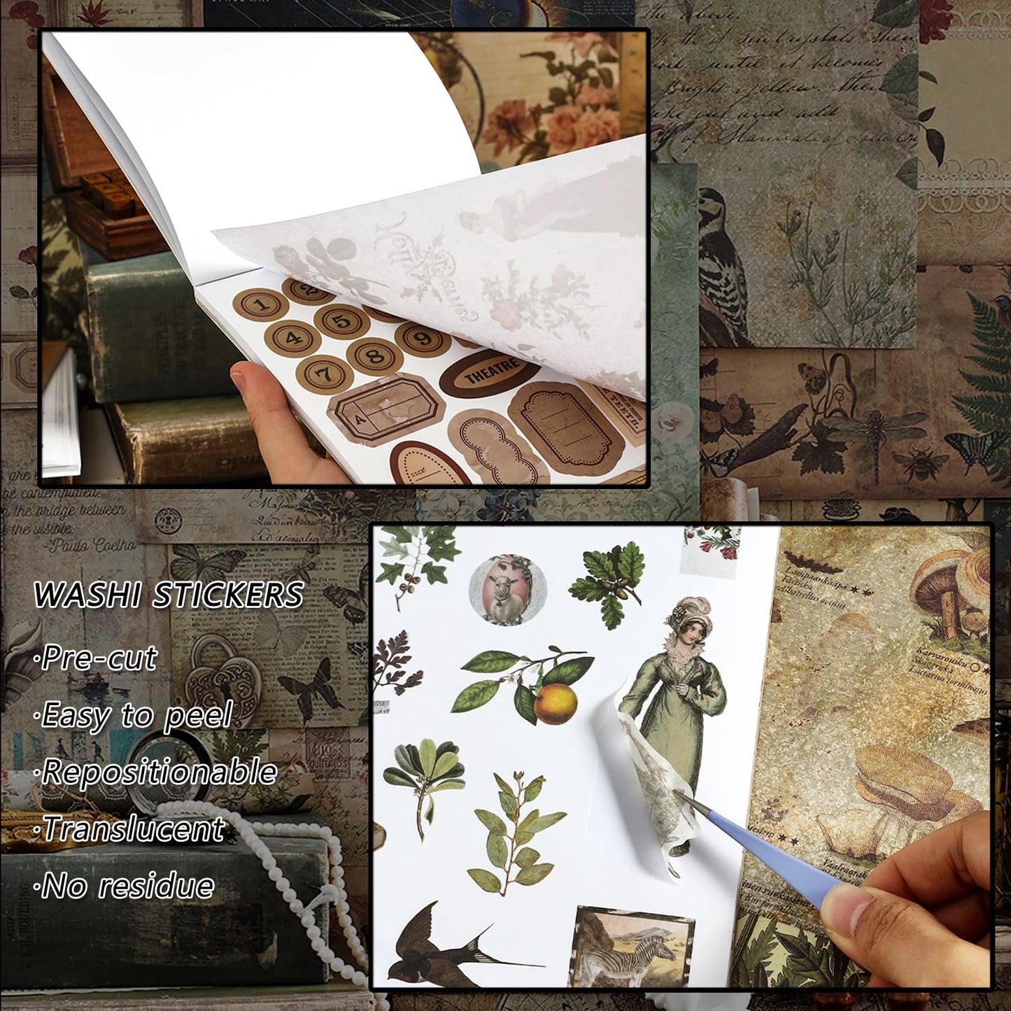 Prstincol Vintage Aesthetic Washi Stickers and Papers for Scrapbooking, Ephemera
