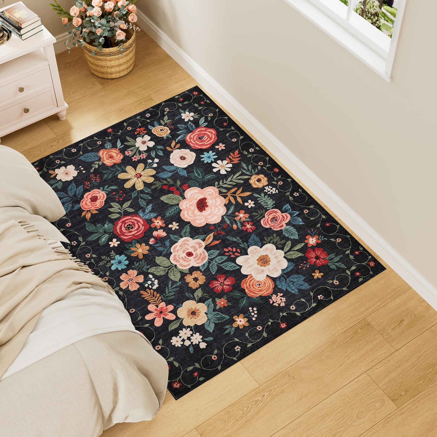 DUKINO 3x4 Area Rug, Lightweight Non Slip Washable Floral Rug, Indoor Low Pile & Non-Shedding Boho Design Carpets for Bedroom, Kitchen, Dining Room, Black