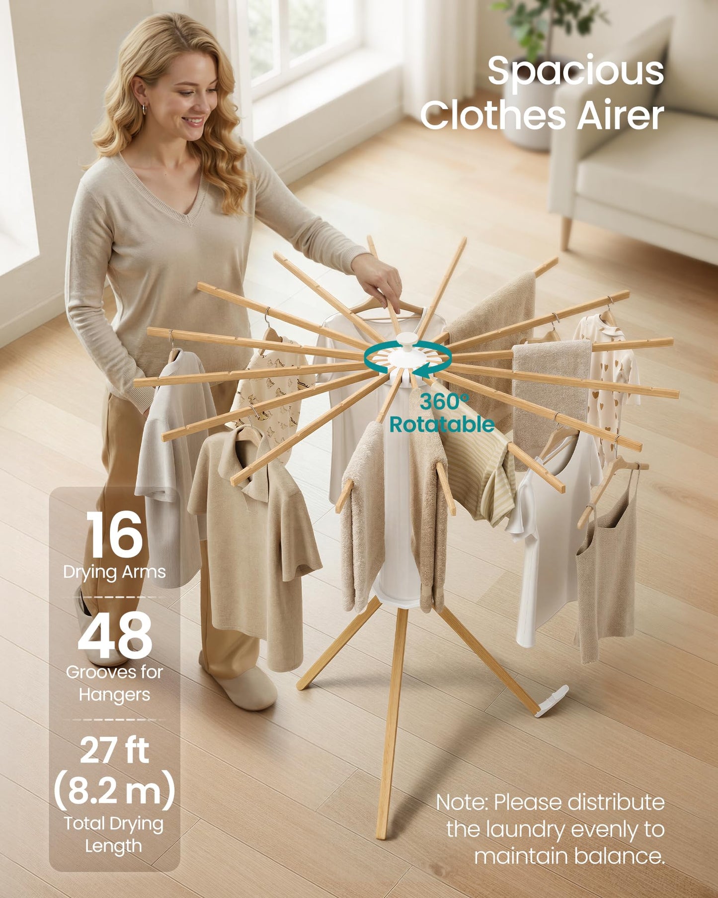 SONGMICS Clothes Drying Rack Foldable, Rotary Tripod Laundry Drying Rack, Rotatable Portable Floor Standing Clothes Airer, Laundry Room Balcony, 16 Pull-Out Wood Arms, Natural Color ULLR530YW01
