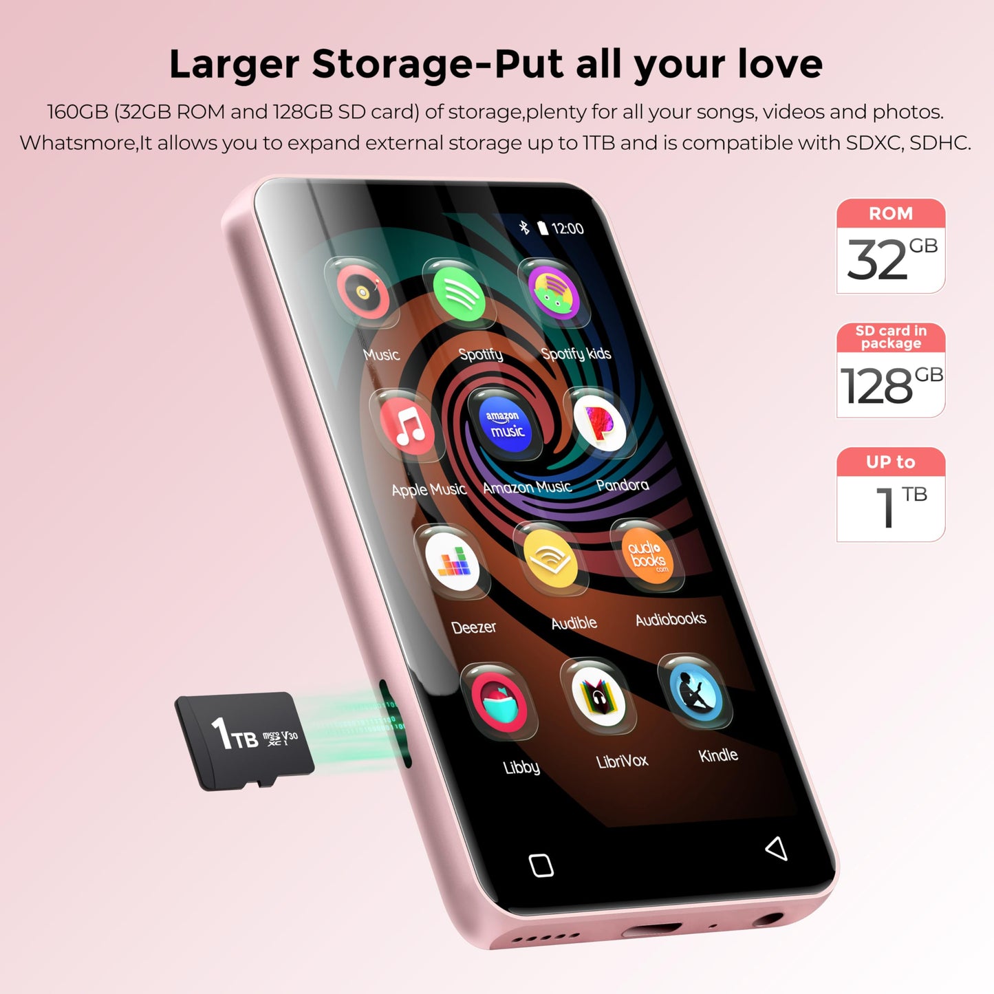 160GB MP3 Player with Bluetooth and WiFi, innioasis Music Player with Spotify,Pandora,Amazon Music,4" Touch Screen Android MP4 MP3 Player for Kids with Libby,Audible,Spotify Kids (White+Pink)